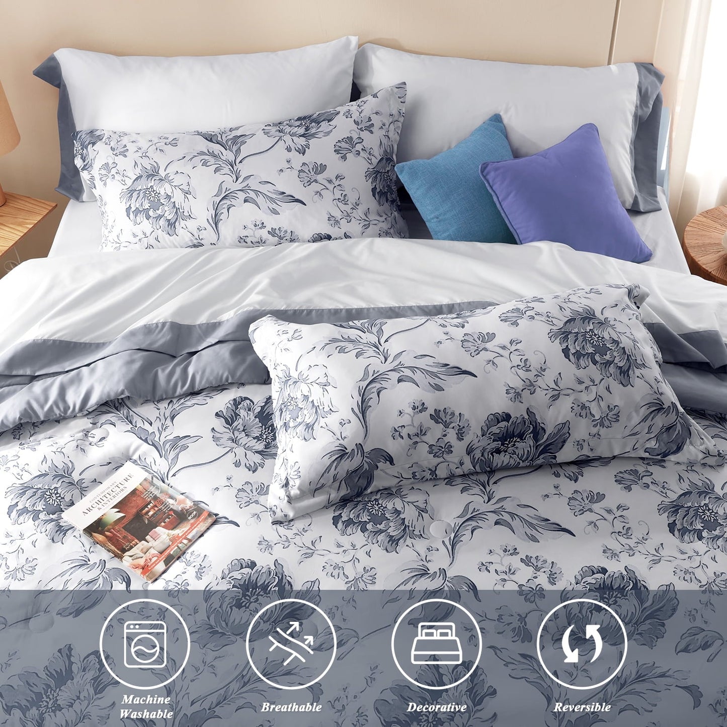 All-Season Queen Comforter Sets,7-Pieces Reversible Bedding Sets,Bed in a Bag with Comforter,Flat Sheet and Fitted Sheet,Pillowc... - Cloud-Like Soft Lightweight Bed Comforter Detail