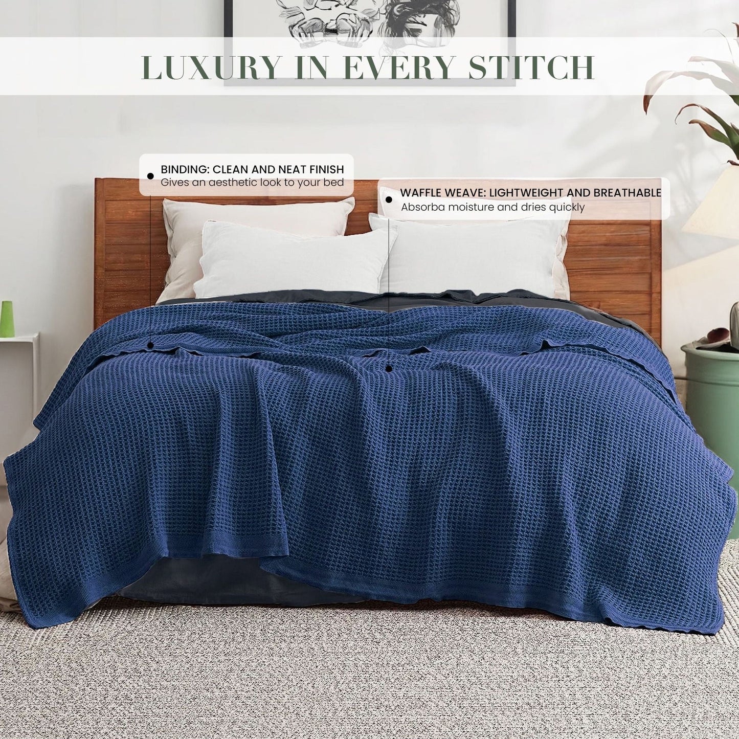 Decorative Knitted Twin Waffle Throw Blanket for Couch (68" x 92"), 100% Cotton Throw Blankets for Bed, Waffle Blanket for Bed (Navy) - Super Soft Reversible Sherpa Flannel Blanket Detail
