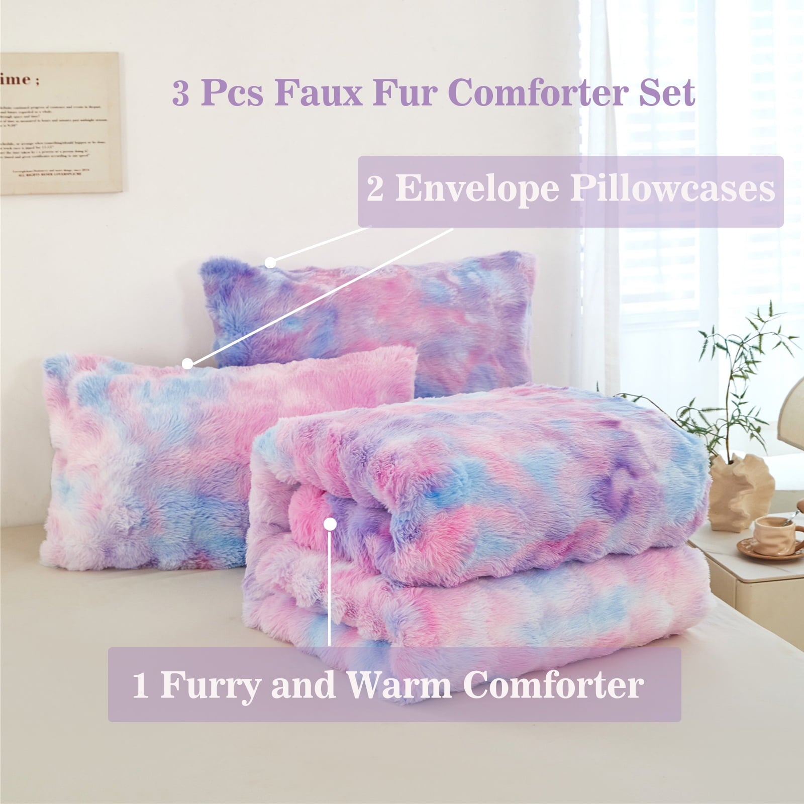 Hypoallergenic Cloud Faux Rabbit Fur Comforter Set Twin 3Pcs Girls Blue Purple Bedding Set Tie-Dyeing Soft Bed Comforter Set Warm Fuzzy Ki... - Luxurious Quilted Duvet Cover Set Detail