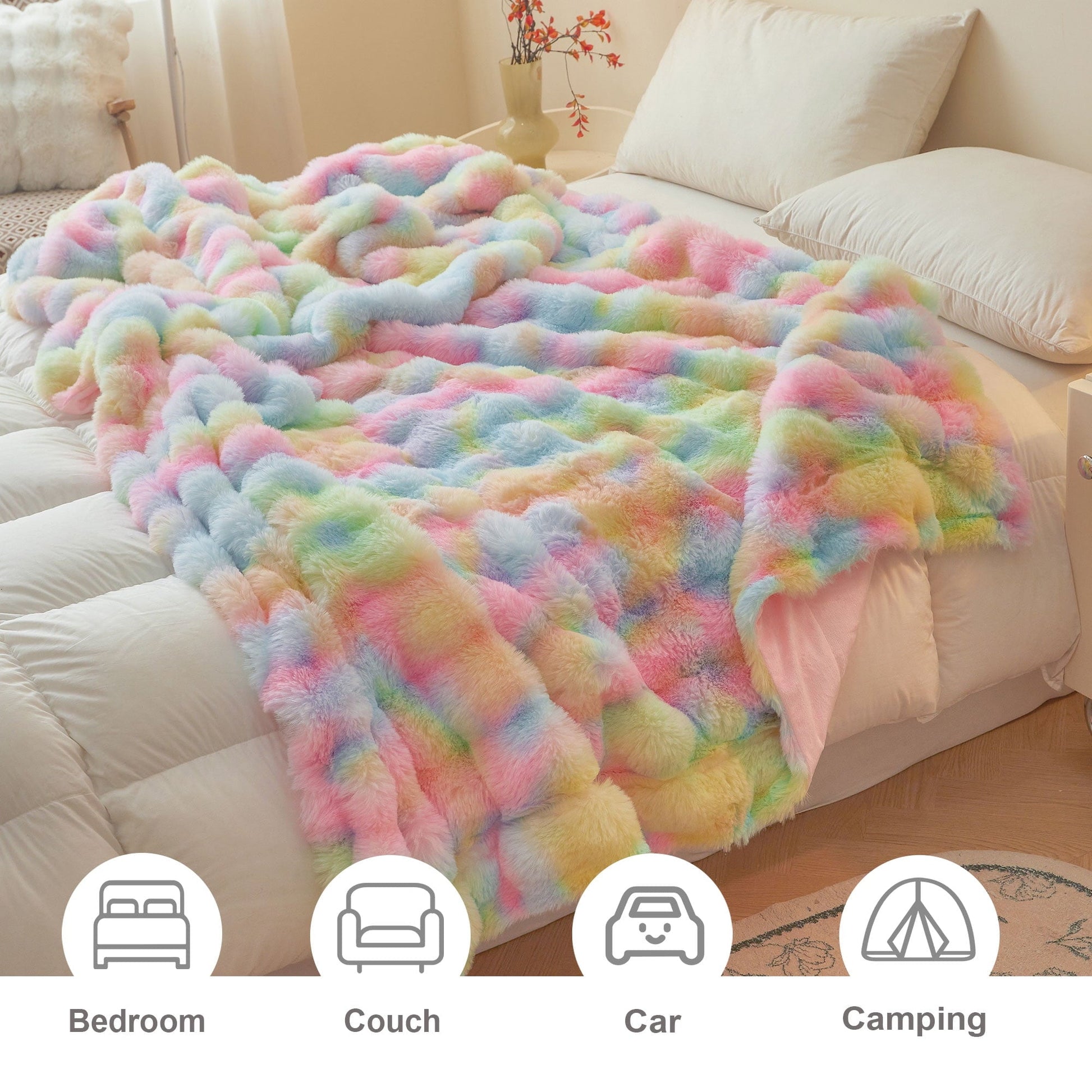 Super Soft Flannel Fluffy Faux Rabbit Fur Bubble Throw, Rainbow Plush Shaggy Blanket for Couch Sofa Chair, Soft Tie Dye Furry Blanket Ad... - Super Soft Reversible Sherpa Flannel Blanket Detail