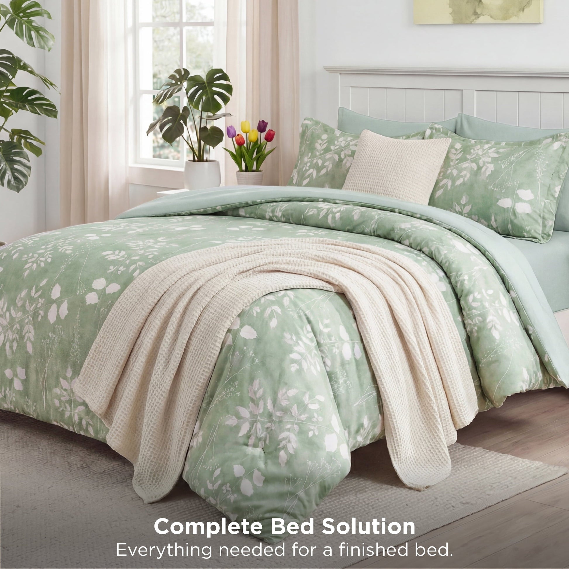 Luxurious Quilted Queen Comforter Set Sage Green, Bed in a Bag Queen Size Bedding, 7-Pieces Botanical Flowers Spring Comforter, Sheets,... - Luxurious Quilted Duvet Cover Set Detail
