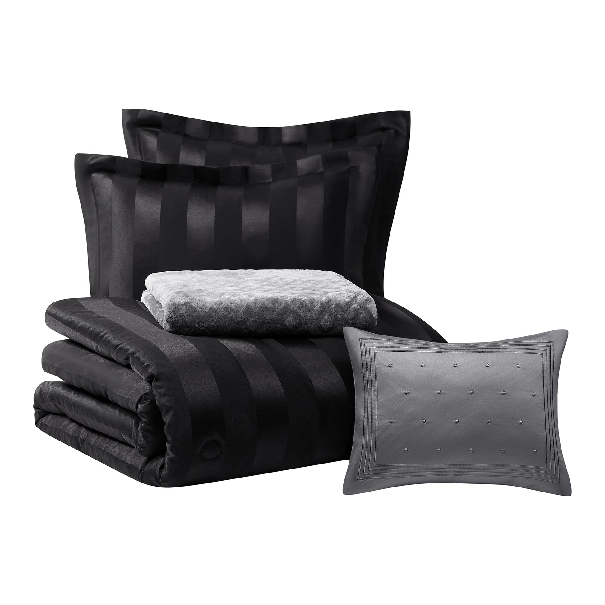 Fluffy Down Alternative Rich Black 5 Piece Damask Stripe Comforter Set, King, Adult, Unisex - All-Season Down Alternative Comforter Insert Detail
