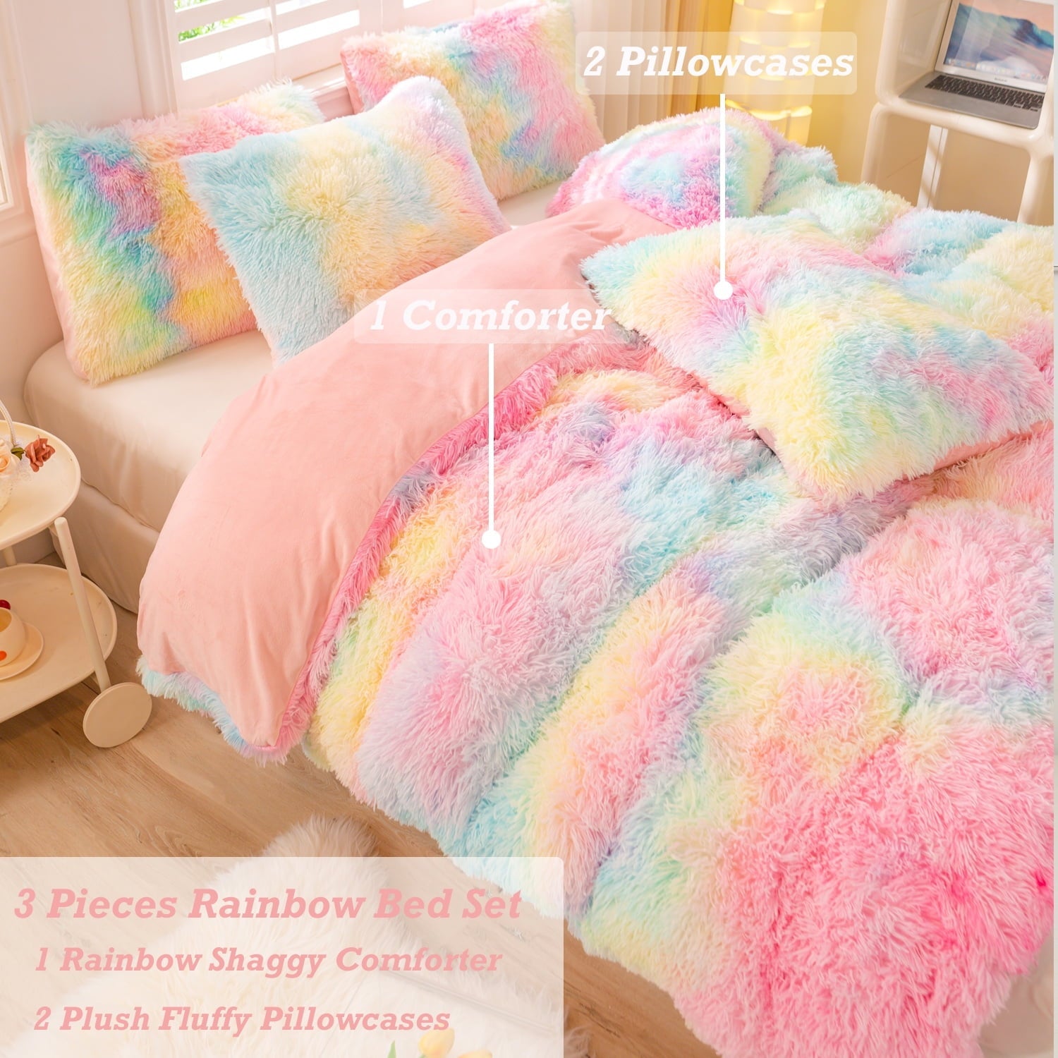 Fluffy Down Alternative 3Pcs Pink Faux Fur Twin Comforter Set for Girls Tie Dye Rainbow Kid Bed Set Plush Shaggy Bedding Sets Fuzzy Bed Comfo... - Hypoallergenic Ultra-Fluffy Quilt for Winter Detail