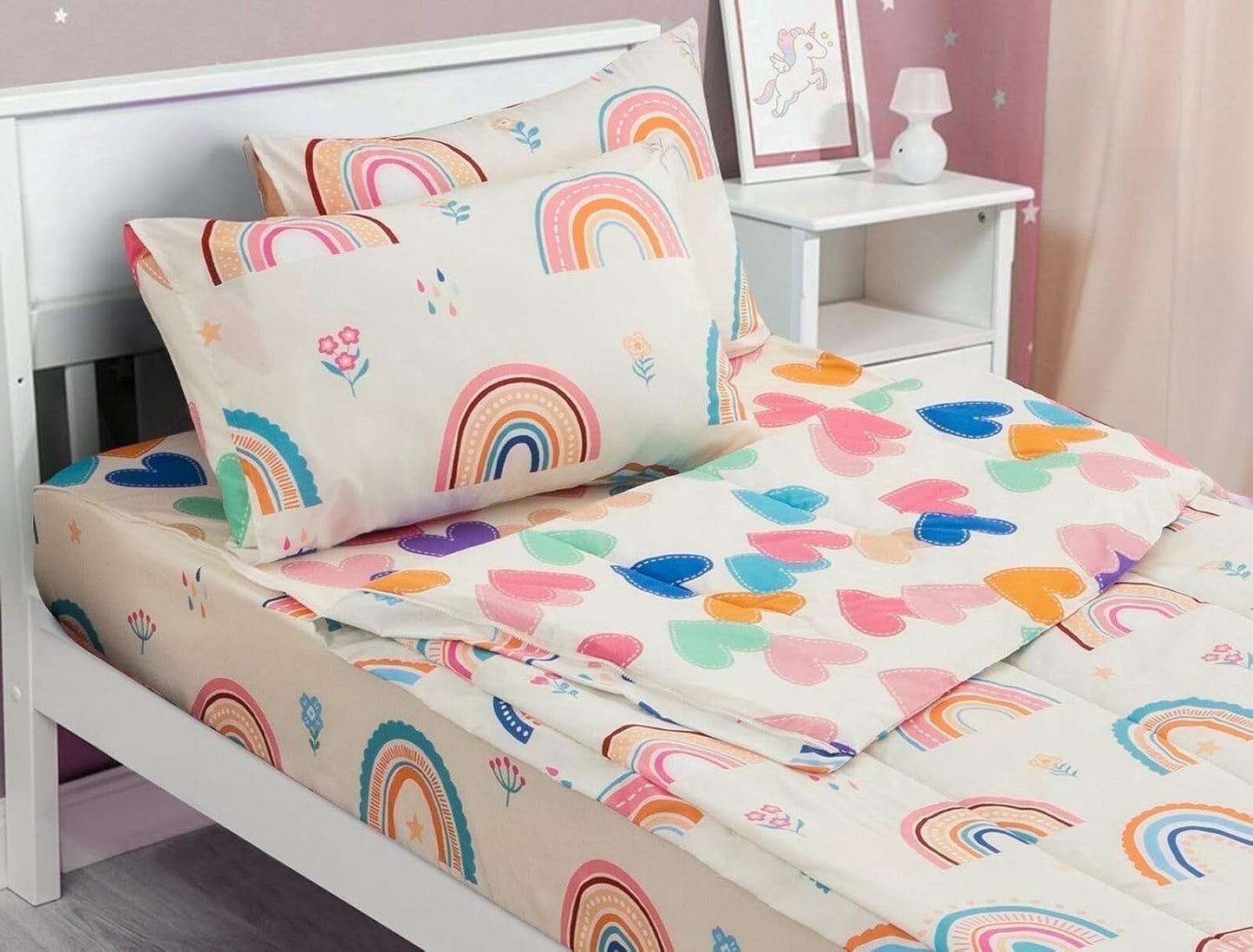 Heavyweight Warmth 3-Piece Kids Comforter Set Twin Zipper Bedding for Girls, Rainbow Comforter with Flower Pattern (Beige) - Hypoallergenic Ultra-Fluffy Quilt for Winter - Default Title