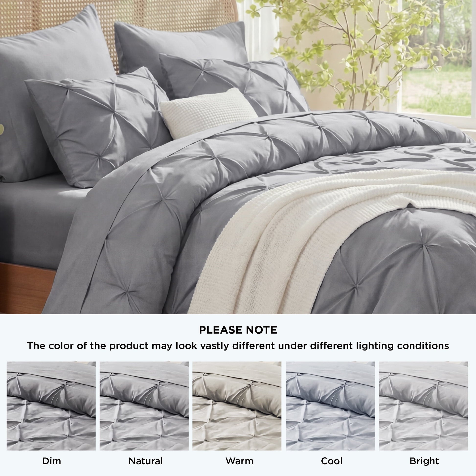 Fluffy Down Alternative Queen Comforter Set Grey, Bed in a Bag Queen Size Bedding, 7 Pieces Pinch Pleat All Season Comforter - Luxurious Quilted Duvet Cover Set Detail