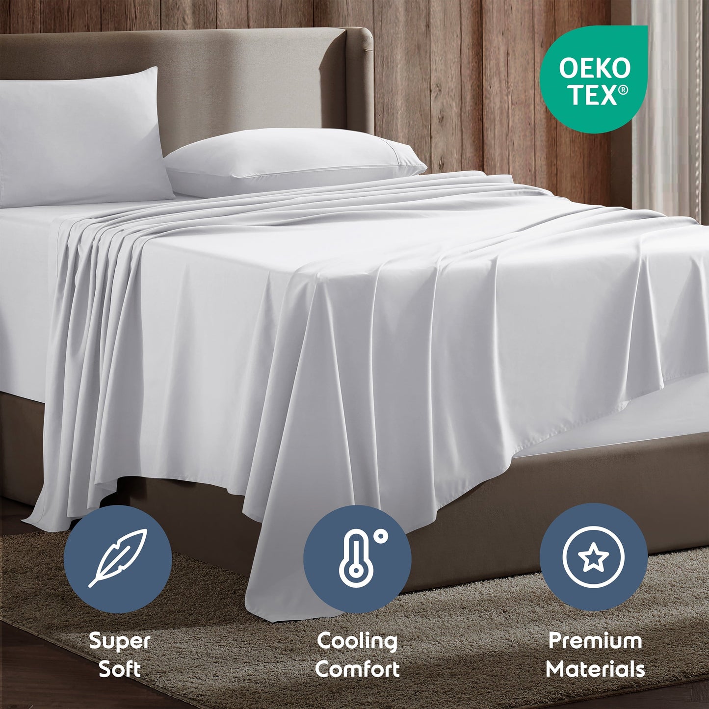 Cooling Sateen Set, Hotel Style Deep Pocket 4 Piece Bed , Luxury Soft Microfiber Sheet Sets, White - Luxury Bed Sheet Set with Deep Pockets Detail