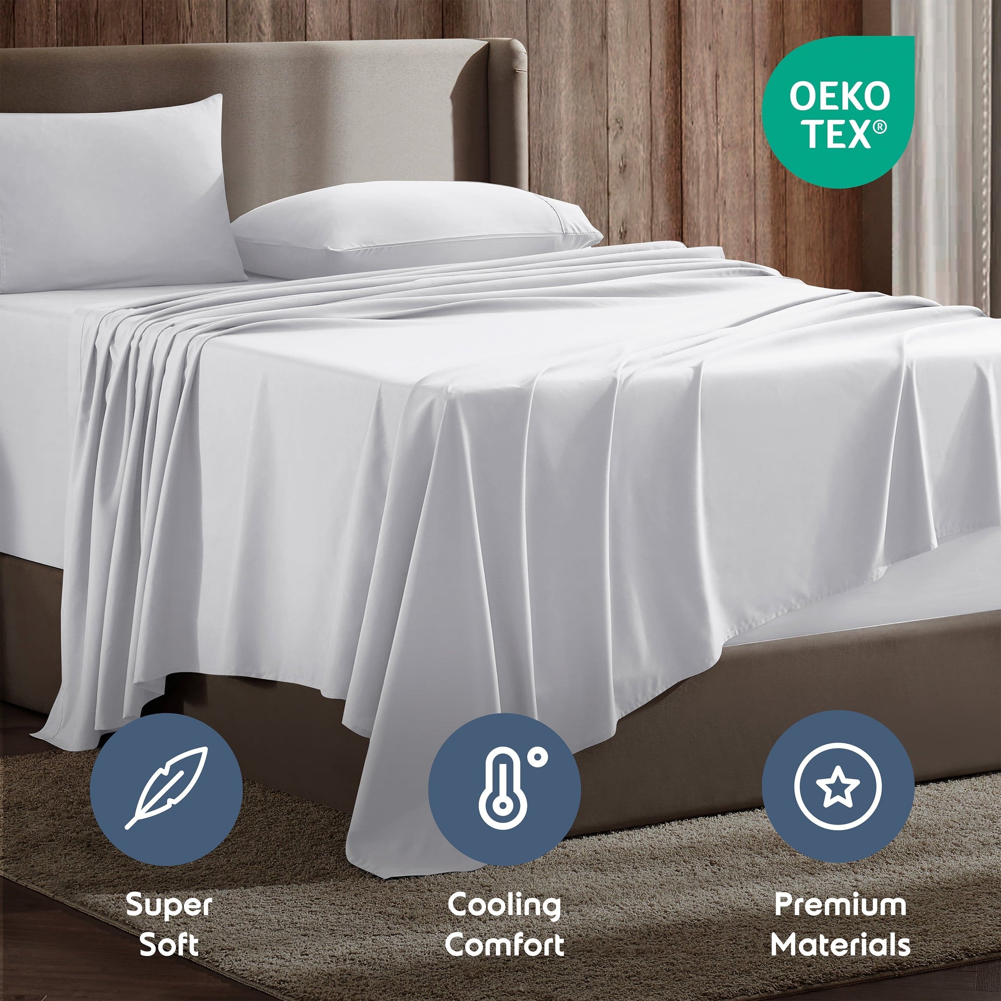 Cooling Sateen Set, Hotel Style Deep Pocket 4 Piece Bed , Luxury Soft Microfiber Sheet Sets, White - Luxury Bed Sheet Set with Deep Pockets Detail