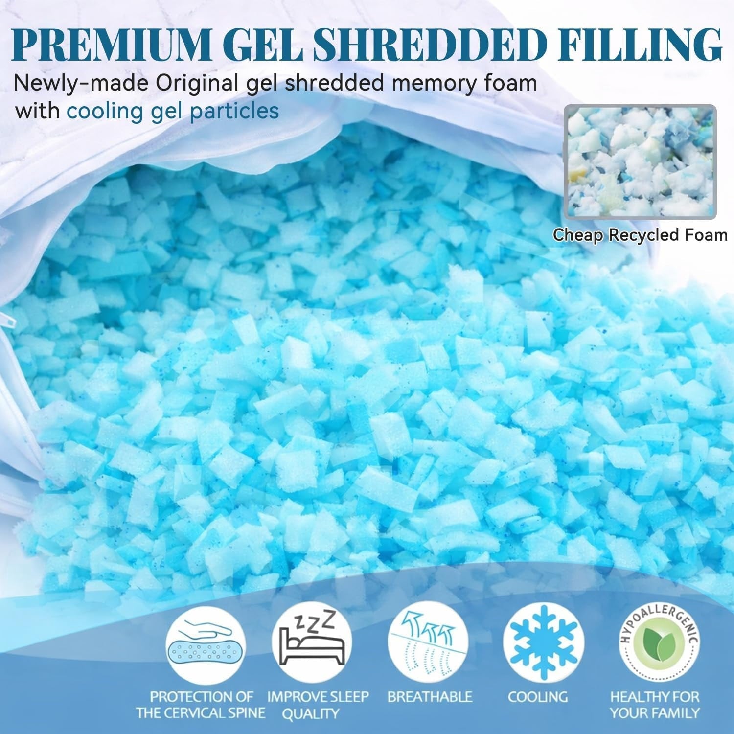 Decorative Plump Shredded Memory Foam Pillows for Sleeping, Bed Pillows Queen Size Set of 2 Pack Adjustable for Side and Back Sleeper ... - Orthopedic Shredded Foam Bed Pillow Set Detail
