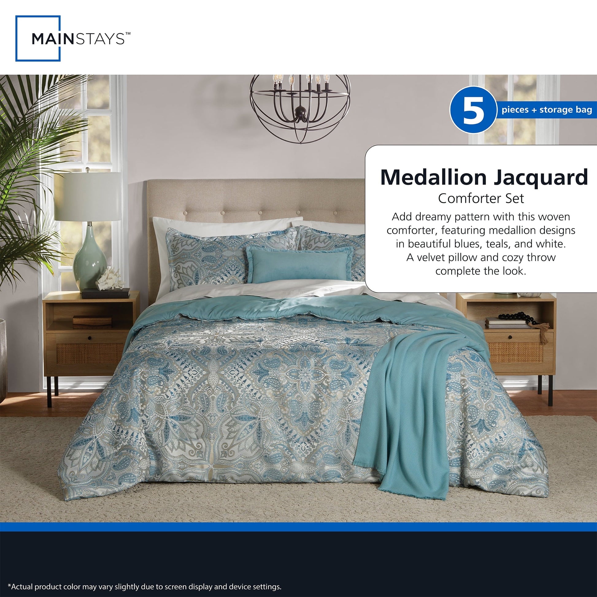 Luxurious Quilted Full/Queen Comforter Set, All-Season, 5-Piece, Teal Jacquard Medallion - Luxurious Quilted Duvet Cover Set Detail