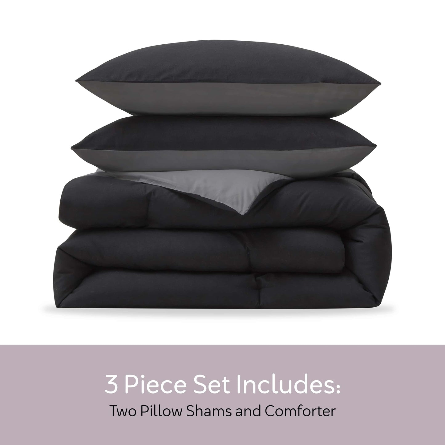 Fluffy Down Alternative Comforter Sets, All Season Lightweight Reversible Queen Comforter Set, 3-Pc Bedding Sets, Black/Charcoal gray - Luxurious Quilted Duvet Cover Set Detail