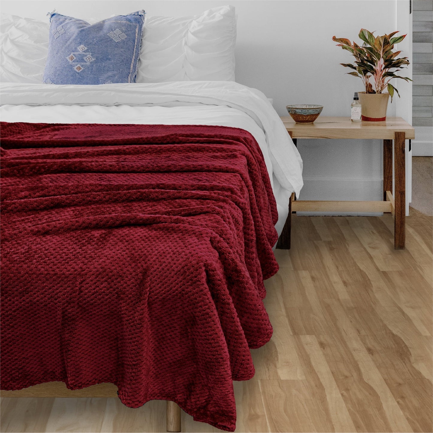 Super Soft Flannel Maroon Red Throw Blanket for Couch, Twin Bed, Soft Fleece Throws for Sofa Chair, Fuzzy Waffle Textured Blanket, Cozy ... - Lightweight Plush Warm Blanket for All Seasons Detail