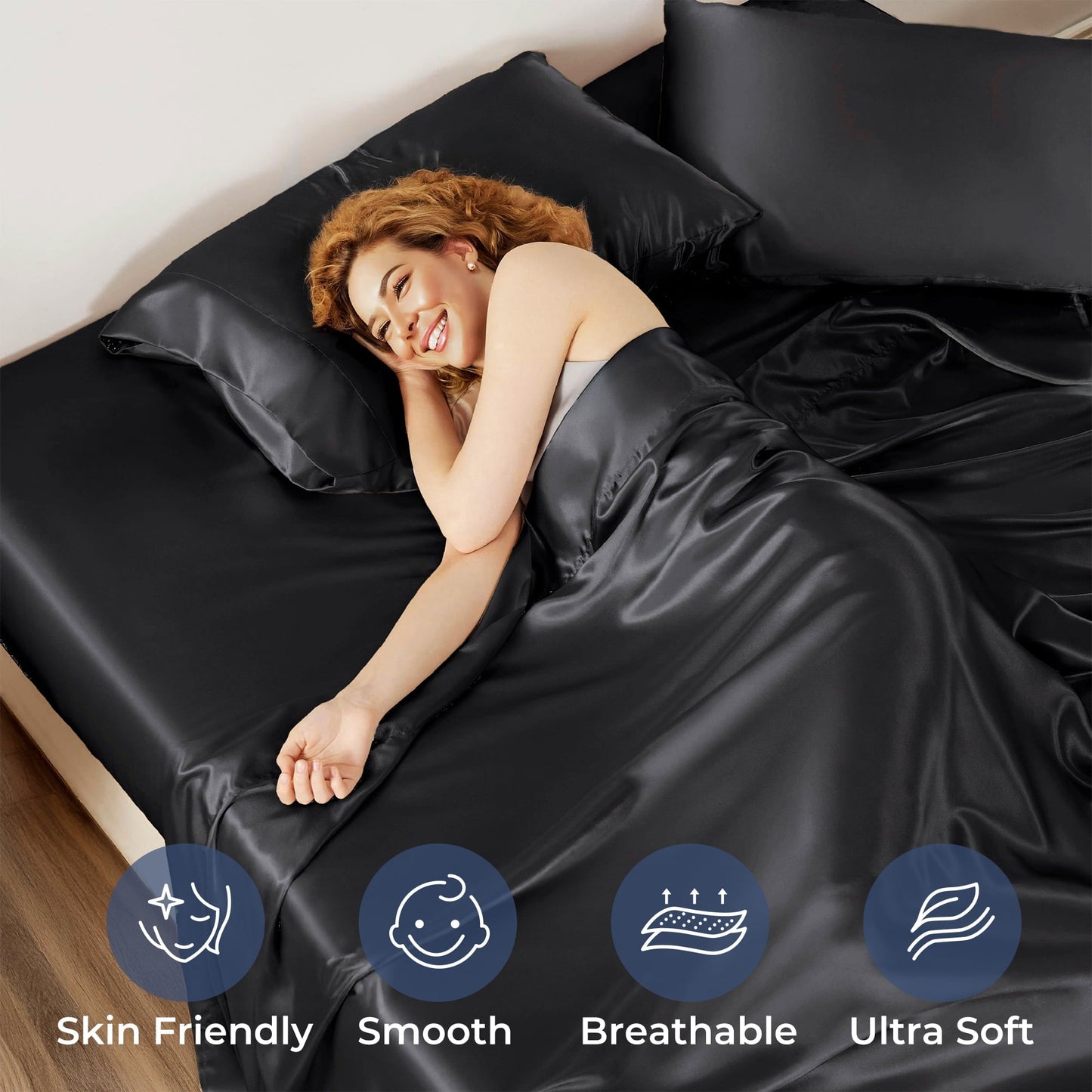 Breathable Luxury Set, Queen, Silky Bed s, 4 Pieces,Black - Luxury Bed Sheet Set with Deep Pockets Detail