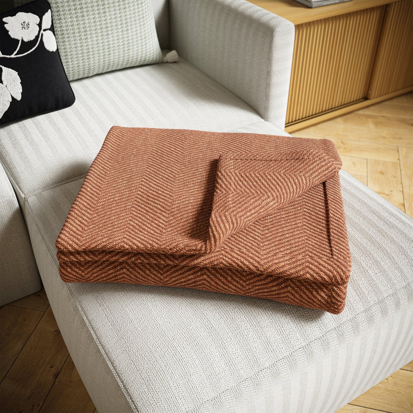 Cozy Fleece Beautiful Rust Woven Herringbone Throw , 50" x 60" - Luxury Knitted Decorative Throw Blanket with Fringes Detail