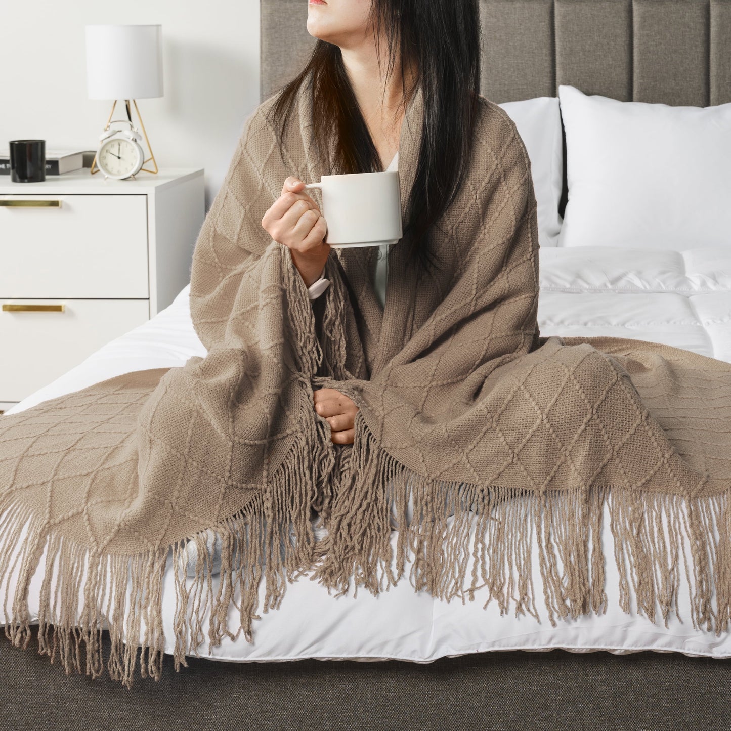 Cozy Fleece Tan Taupe Knit Throw Blanket for Couch Bed, Soft Knitted Farmhouse Sofa Throw for Living Room, Lightweight Decorative... - Luxury Knitted Decorative Throw Blanket with Fringes Detail