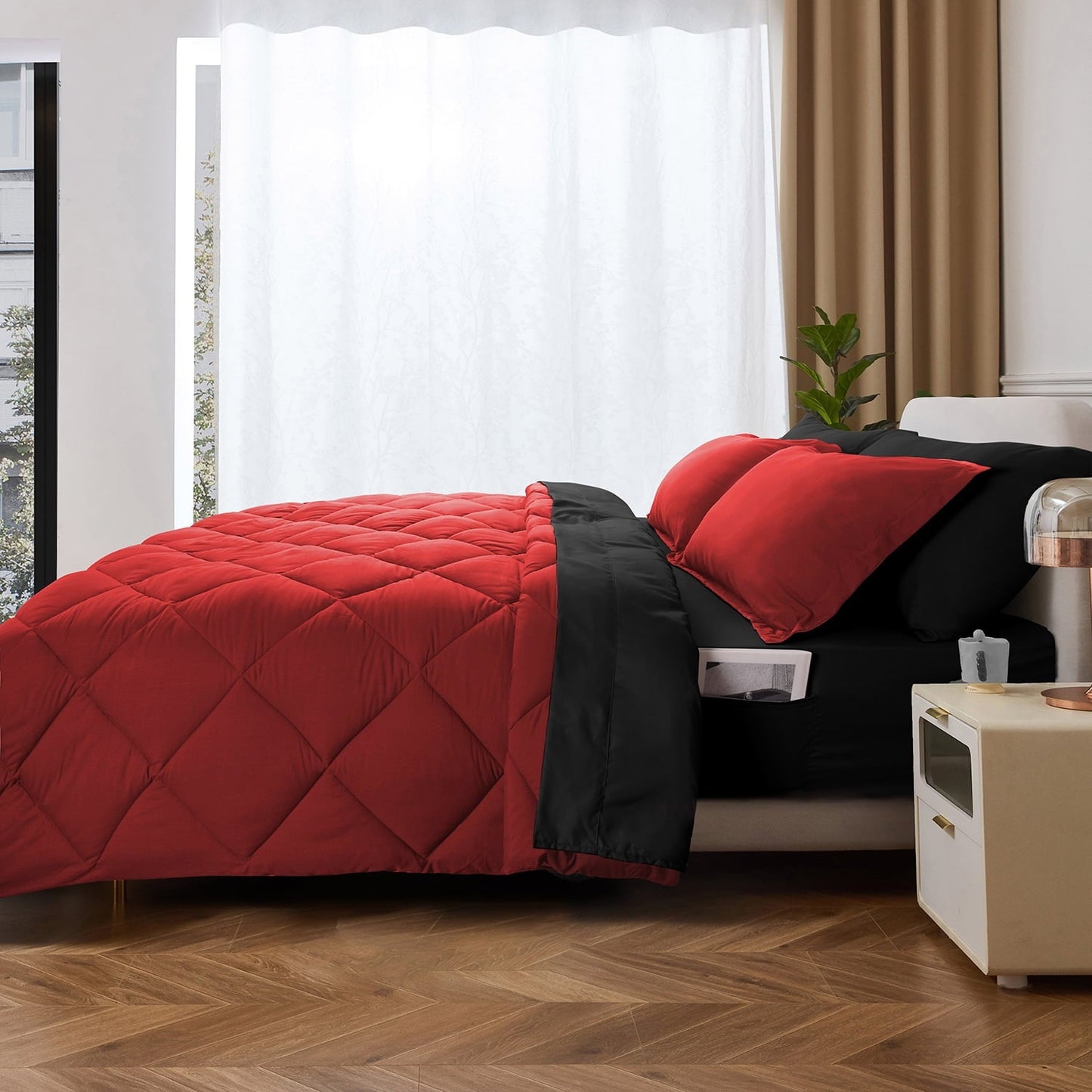 Fluffy Down Alternative 7 Piece Reversible Queen Comforter Set - Red Quilted Down Alternative Bedding All Season Super Soft Microfiber Bed in... - Hypoallergenic Ultra-Fluffy Quilt for Winter - Default Title