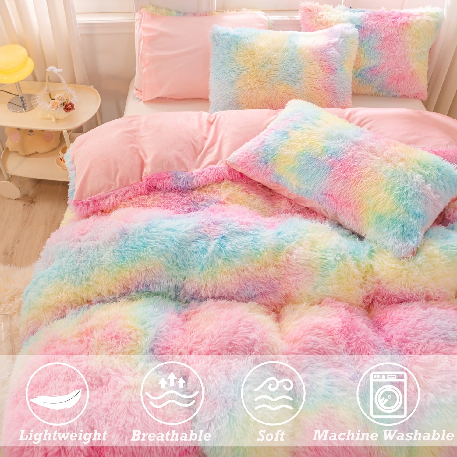 Fluffy Down Alternative 3Pcs Pink Faux Fur Twin Comforter Set for Girls Tie Dye Rainbow Kid Bed Set Plush Shaggy Bedding Sets Fuzzy Bed Comfo... - Hypoallergenic Ultra-Fluffy Quilt for Winter Detail