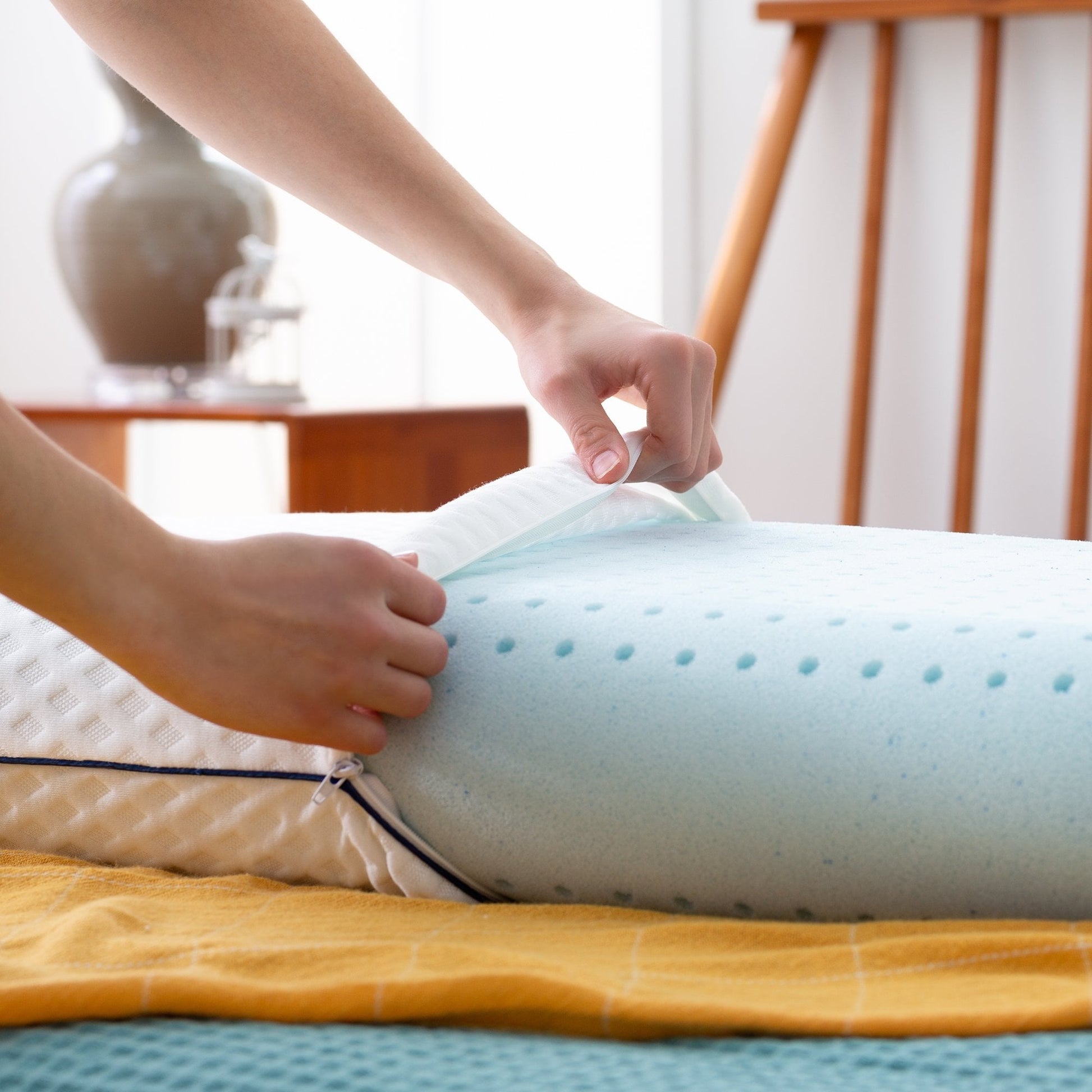 Orthopedic Support Medium Feel Standard Size Ventilated Gel Memory Foam Bed Pillow with Washable Cover and Temperature Regulating Infusion - Ergonomic Memory Foam Pillow for Neck Pain Support Detail