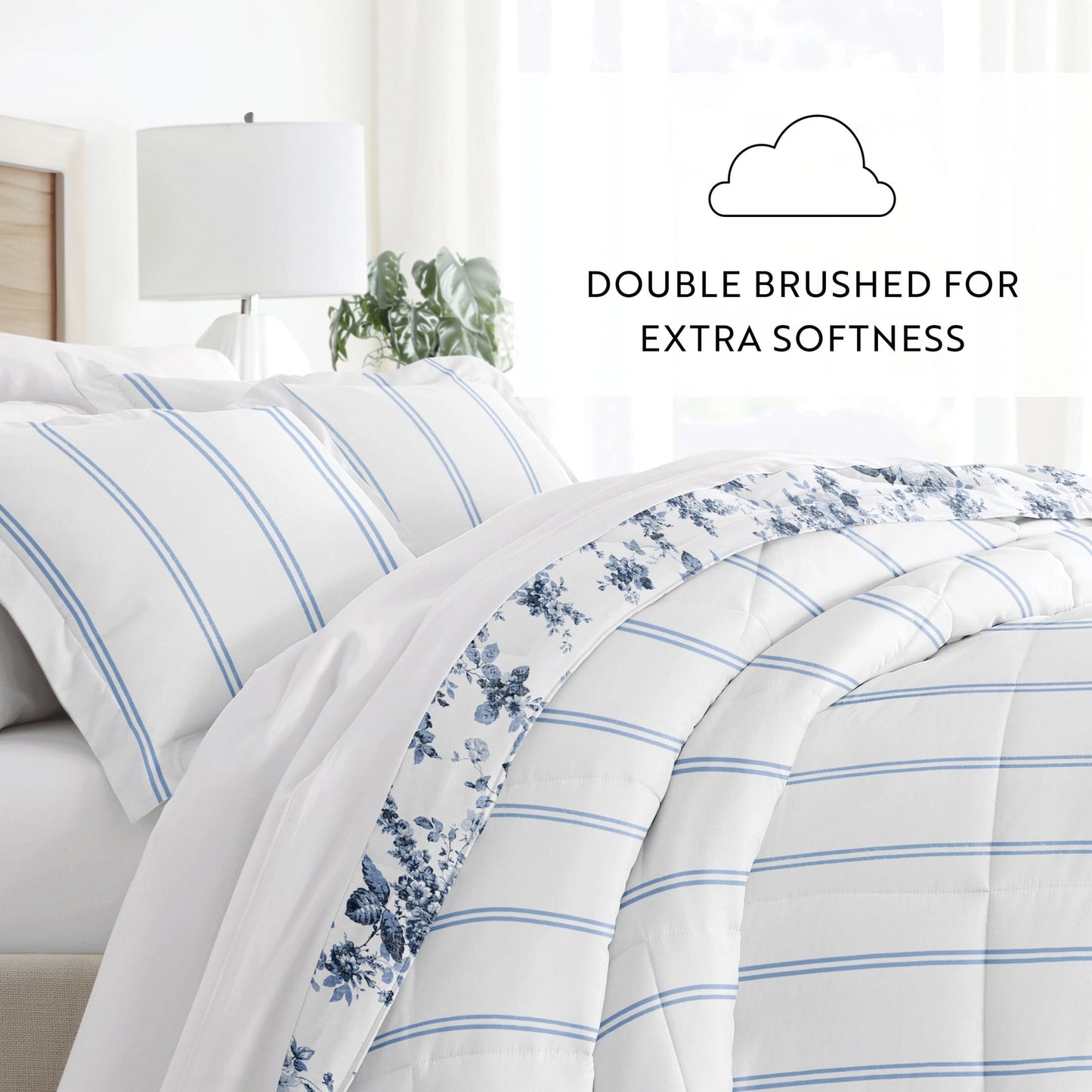 Hypoallergenic Cloud Down Alternative Cabbage Rose Stripe Stone Reversible Comforter Set - All-Season Down Alternative Comforter Insert Detail