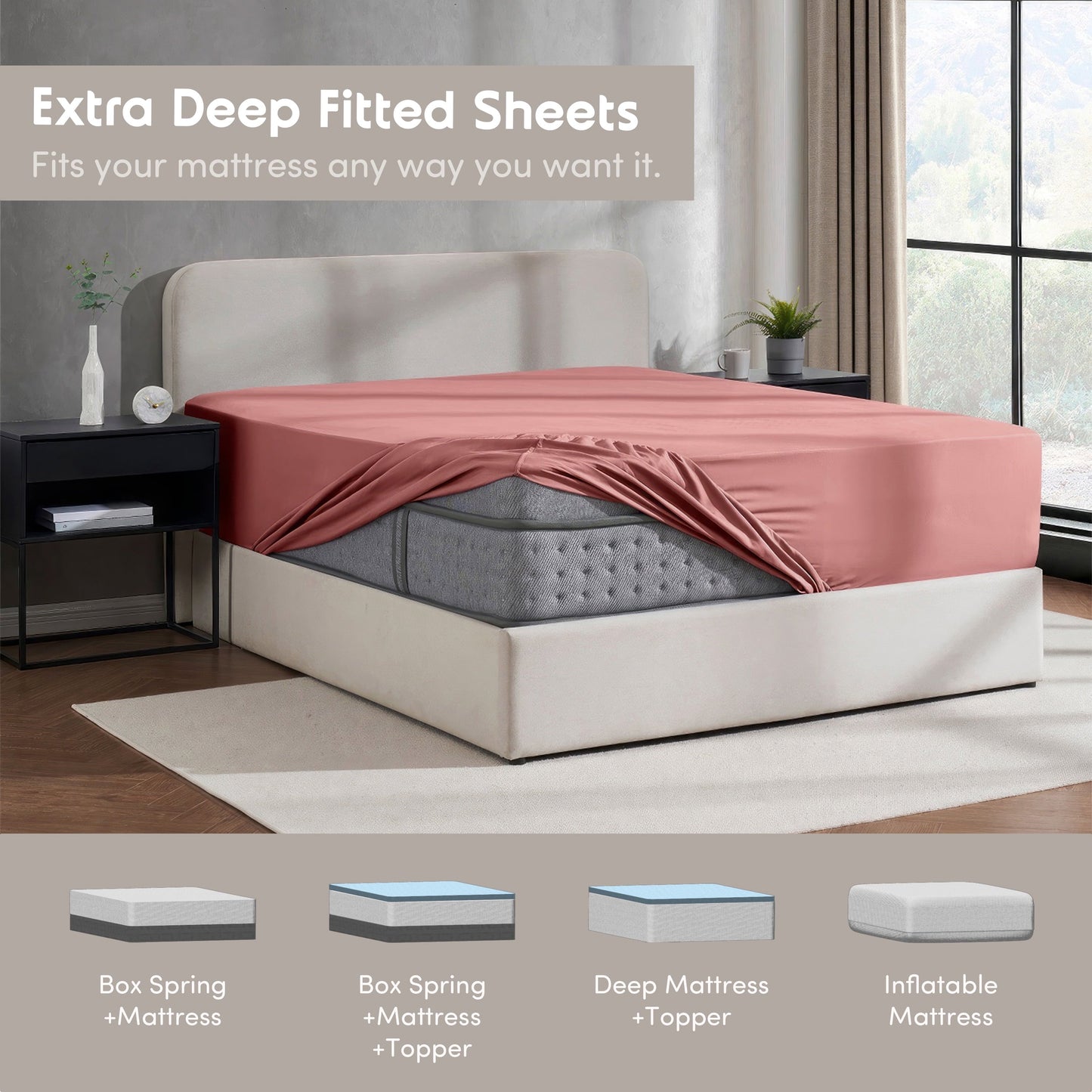 Premium Egyptian Cotton Extra Deep Pocket Twin XL Fitted Sheet Only, Fits 18" to 24" Mattress, Soft Microfiber Fitted Bed Sheet, Pink Clay - Luxury Bed Sheet Set with Deep Pockets Detail