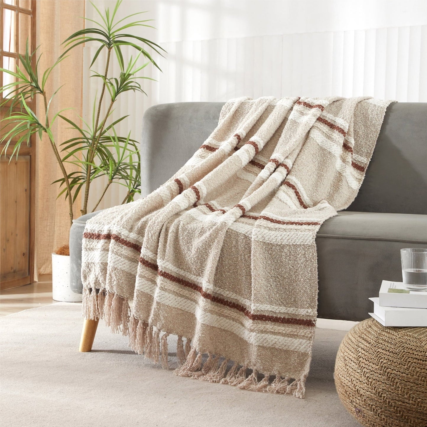 Super Soft Flannel 60" x 50" Cozy Striped Porcini Chenille Throw - Lightweight Plush Warm Blanket for All Seasons Detail