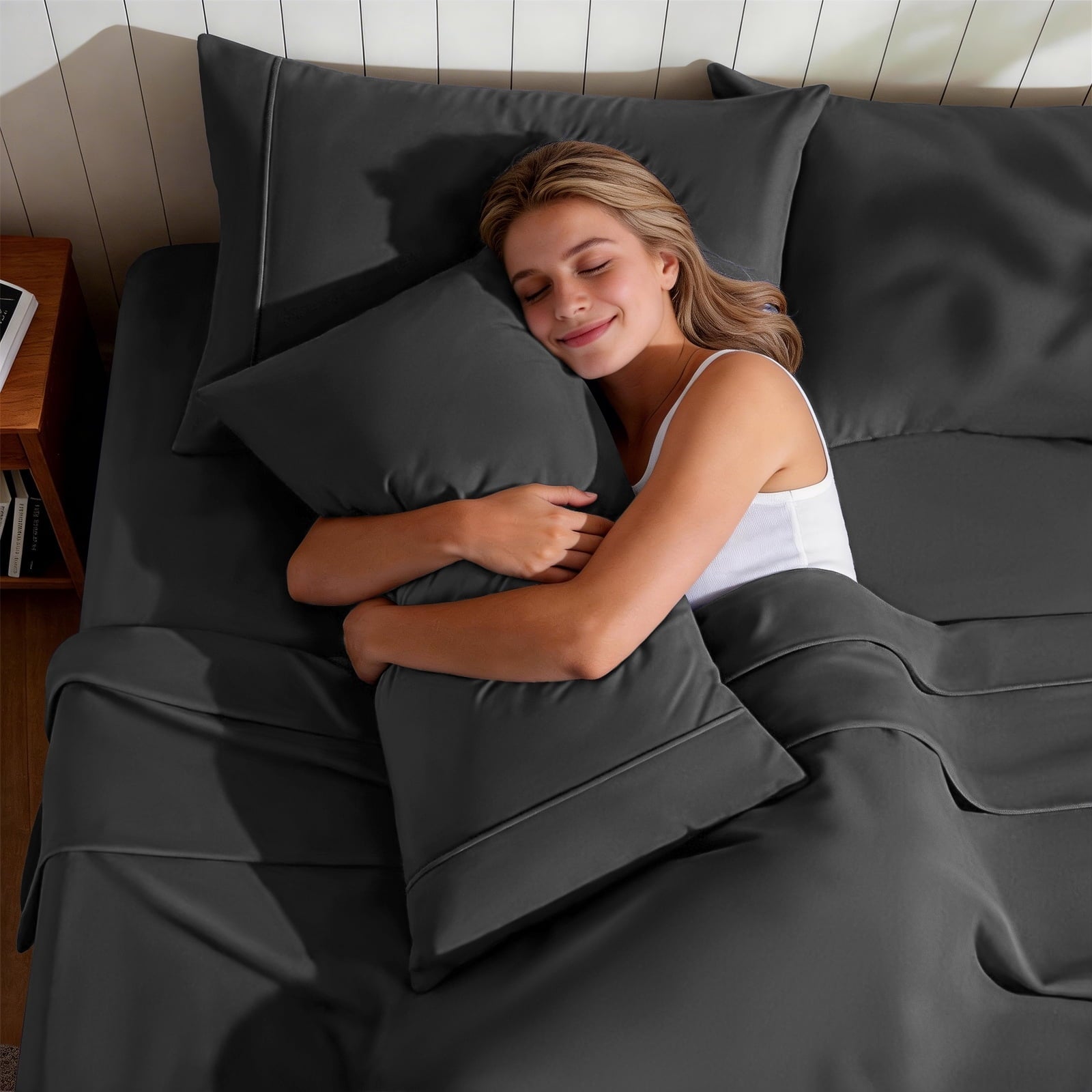 Ultra-Soft Sheets,Soft Hotel Luxury Polyester Washed Cotton,4 Piece Sheets Set,with 14" Deep Pocket,Dark Gray - Cooling Hotel Quality Bedding Sheets and Pillowcases Detail