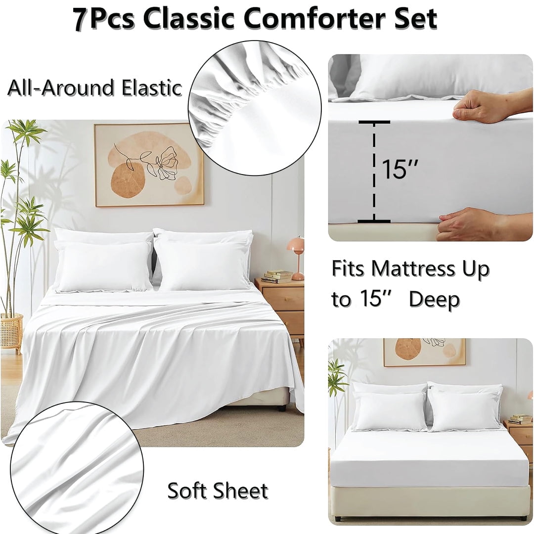 All-Season Comforter Set 7-Piece Bed in a Bag - Adult, White, Queen - Cloud-Like Soft Lightweight Bed Comforter Detail