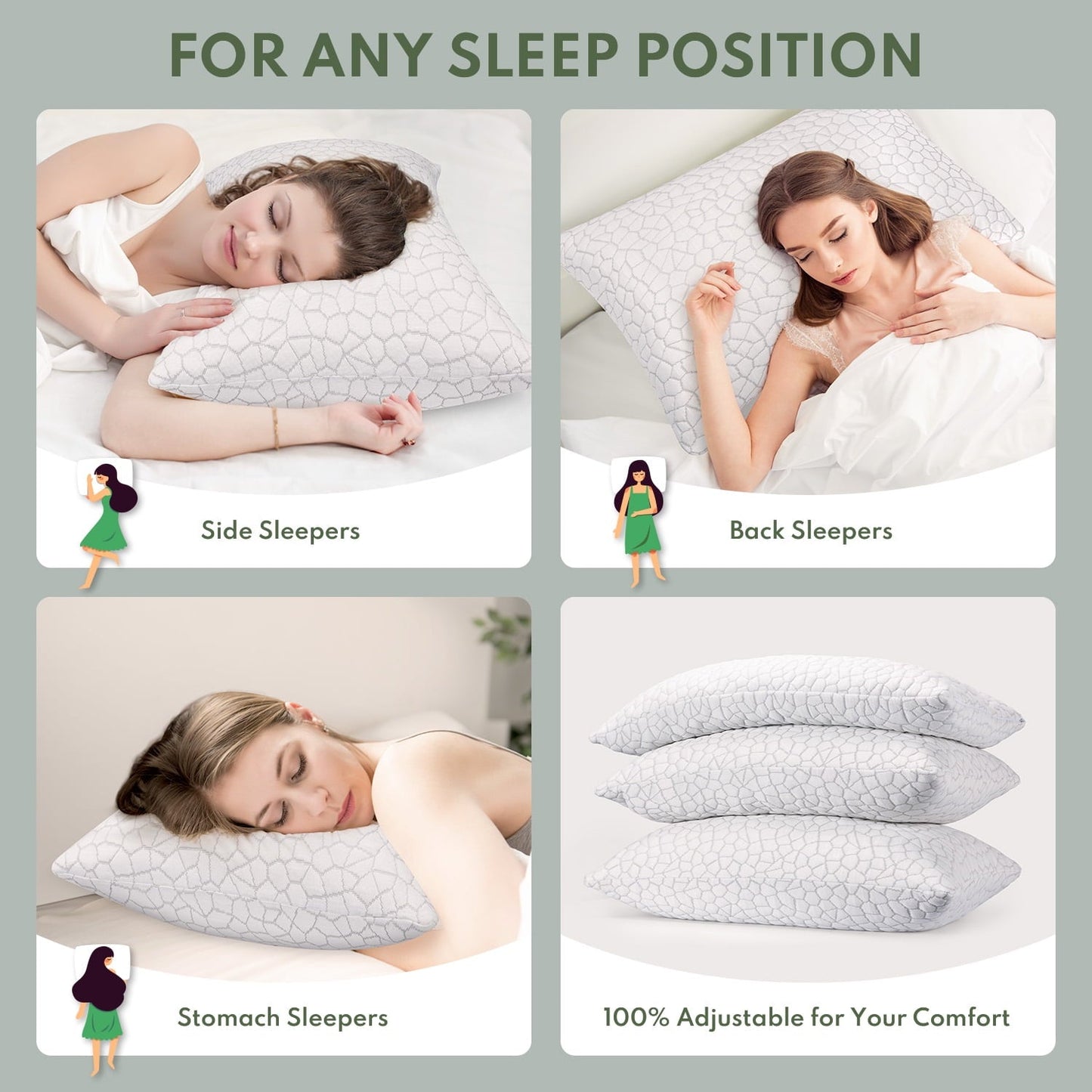 Orthopedic Support Cooling Memory Foam Queen Pillows for bed 2 Pack,Adjustable Support & Heat Dissipation Tech for Side,Back,Stomach & H... - Hotel Quality Plush Sleeping Pillows Detail