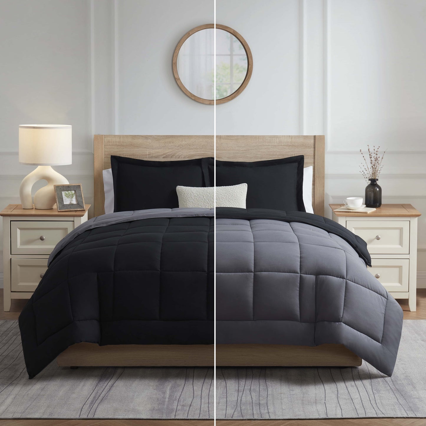 Luxurious Quilted Queen Comforter Set, 3 Piece Bed in a Bag, Reversible Down Alternative Bedding Set, Black & Gray - All-Season Down Alternative Comforter Insert Detail