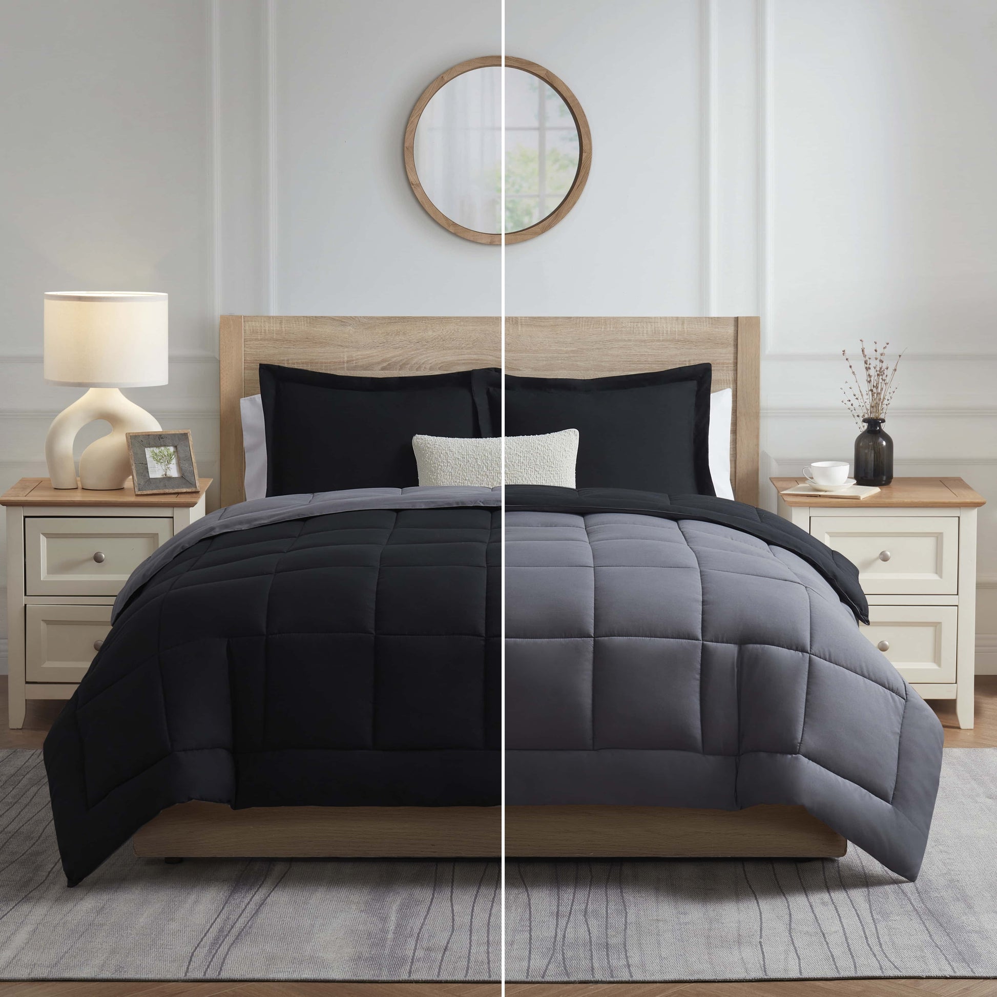 Luxurious Quilted Queen Comforter Set, 3 Piece Bed in a Bag, Reversible Down Alternative Bedding Set, Black & Gray - All-Season Down Alternative Comforter Insert Detail