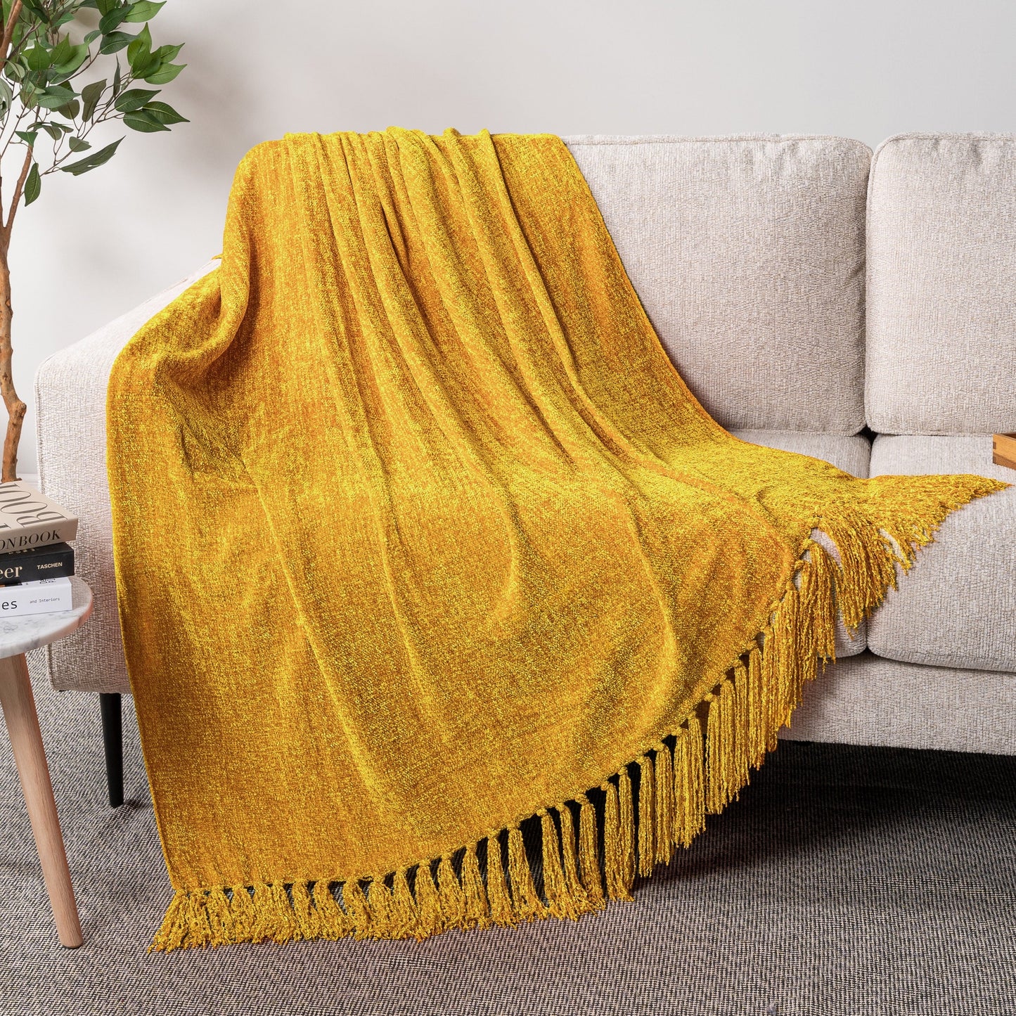 Super Soft Flannel Mustard Yellow Chenille Throw Blanket for Couch, Soft Gold Knit Blanket with Tassel Fringe, Woven Chenille Knitted De... - Super Soft Reversible Sherpa Flannel Blanket Detail