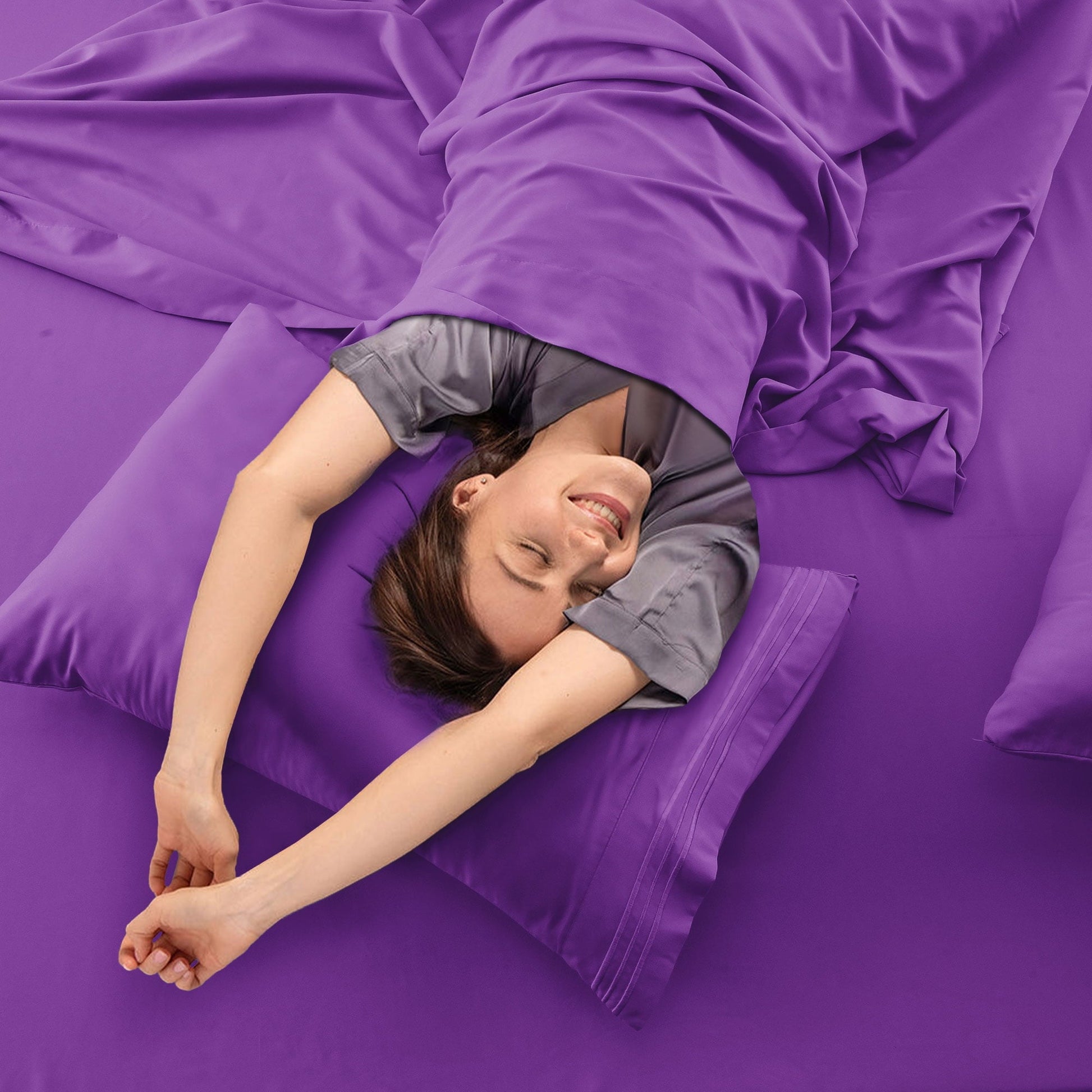 Ultra-Soft King Bed Sheets - 16 Inch Deep Pocket 6 Piece Microfiber Bedding Sheets & Pillowcase Sets - Purple - Breathable Egyptian Cotton Flat & Fitted Sheets Detail