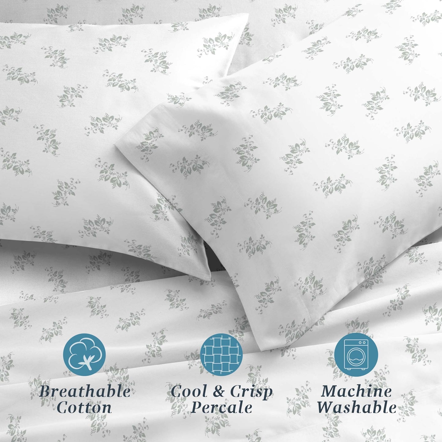 Breathable Luxury 100% Cotton Percale 4-Piece Queen Size Deep Pocket Printed Bed Sheets Set, 1 Fitted, 1 Flat Sheet with 2 Pillowcases,... - Premium Ultra-Soft Pillowcase Pair for Sleeping Detail