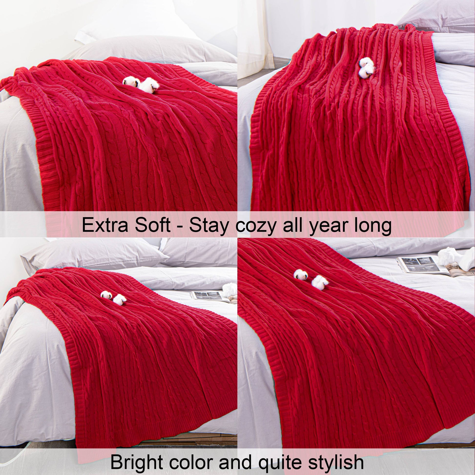 Lightweight Warm 100% Cotton Cable Knit Throw, Super Soft Warm Knitted Blanket Home Decor, 51"x67", Red - Luxury Knitted Decorative Throw Blanket with Fringes Detail