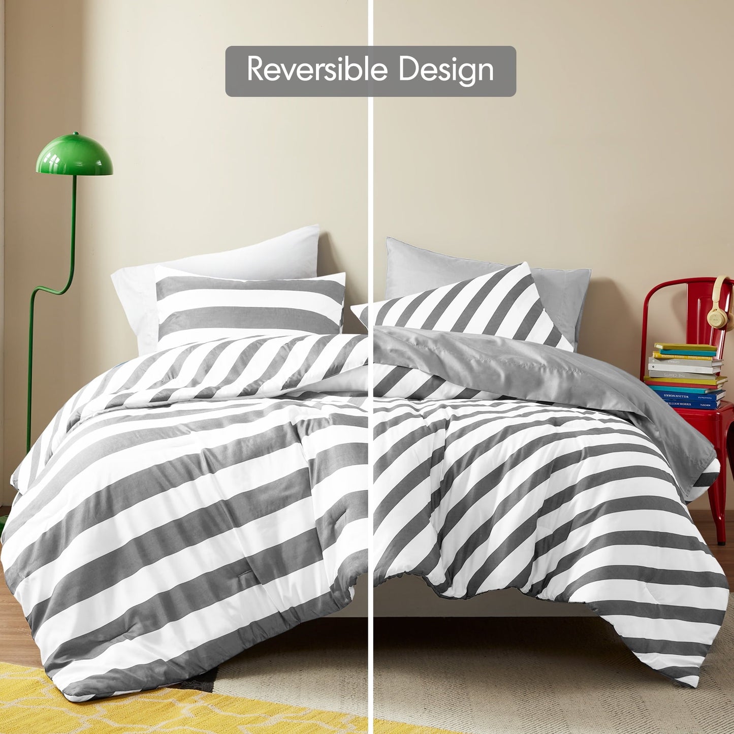 All-Season Full/Queen Size Comforter Sets, 3-Piece Bedding Set Full/Queen, Reversible Striped Comforter Bed Set, Charcoal - Cloud-Like Soft Lightweight Bed Comforter Detail