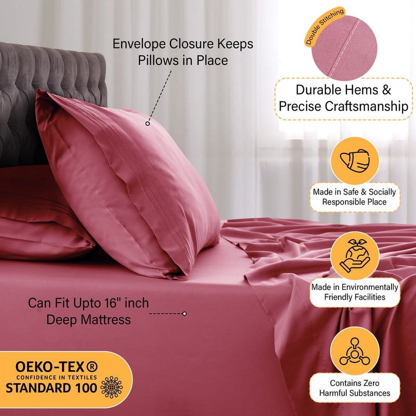 Wrinkle-Resistant Size Sheet Set, 4-Piece Plain Soft Microfiber – Deep Pocket Bed Sheets, Includes 1 Fitted Sheet, 1 Flat Sheet, 2 Pill... - Premium Ultra-Soft Pillowcase Pair for Sleeping Detail