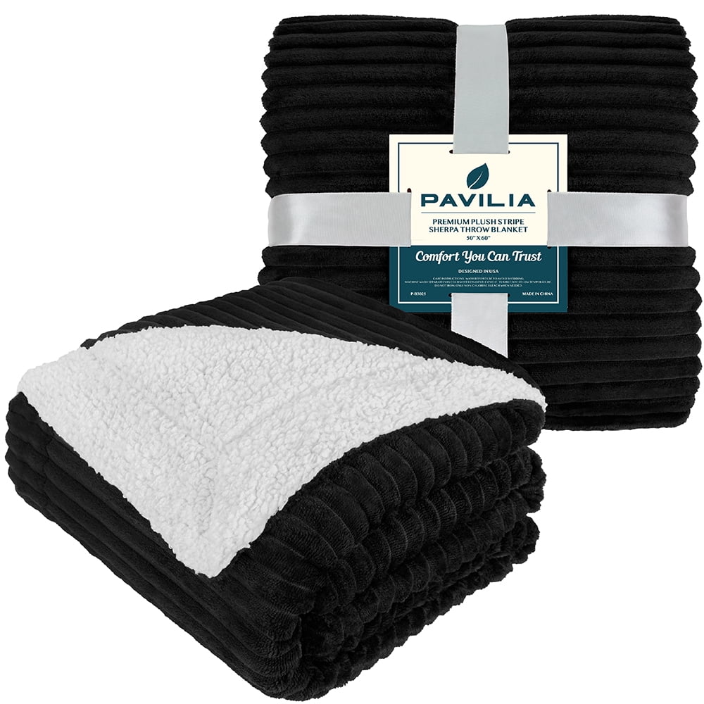 Decorative Knitted Reversible Sherpa Fleece Throw Blanket Black, Plush Flannel Throw, Ultra Soft Warm Ribbed Microfiber Blanket for Sofa... - Cozy Fleece Throw Blanket for Couch & Bed Detail