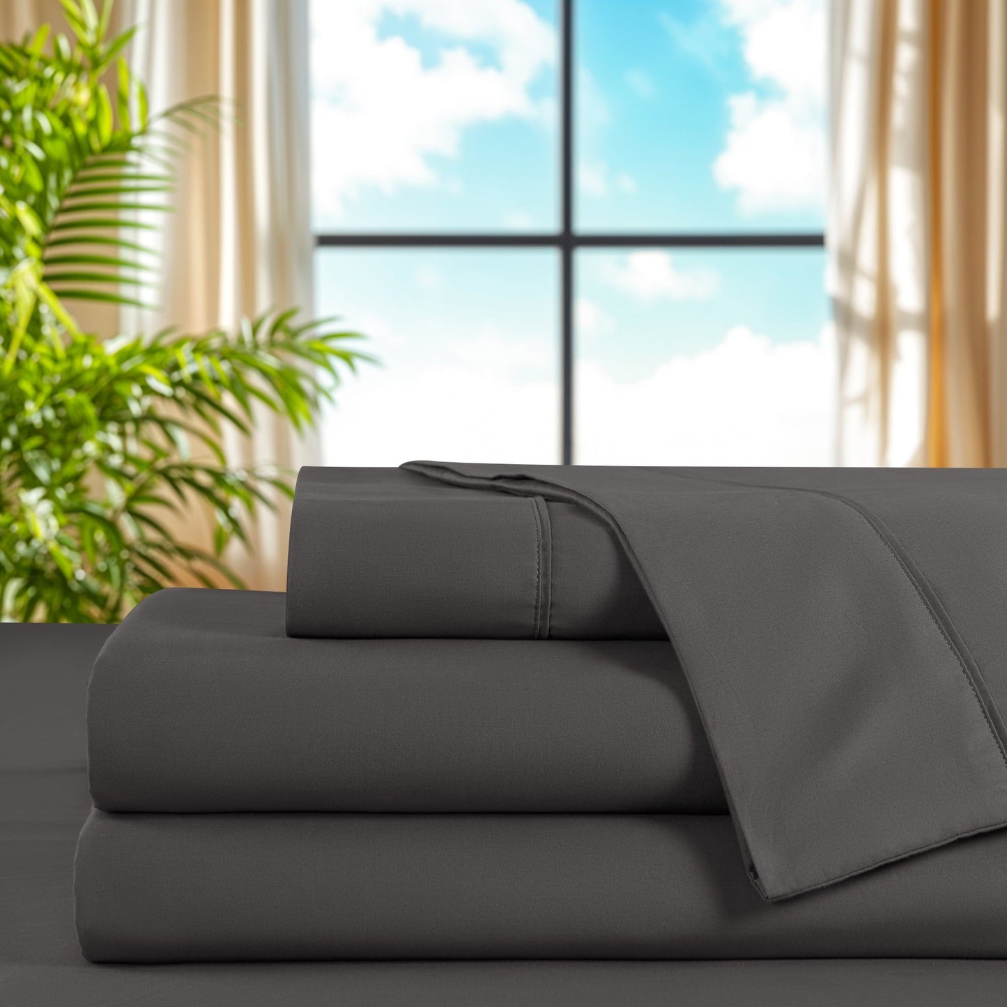Wrinkle-Resistant 100% Cotton Bed Sheets Set, 1000 Thread Count 4 Piece Luxury Soft Sheets Set with 16" Deep Pocket, Queen, Dark Gray - Premium Ultra-Soft Pillowcase Pair for Sleeping Detail