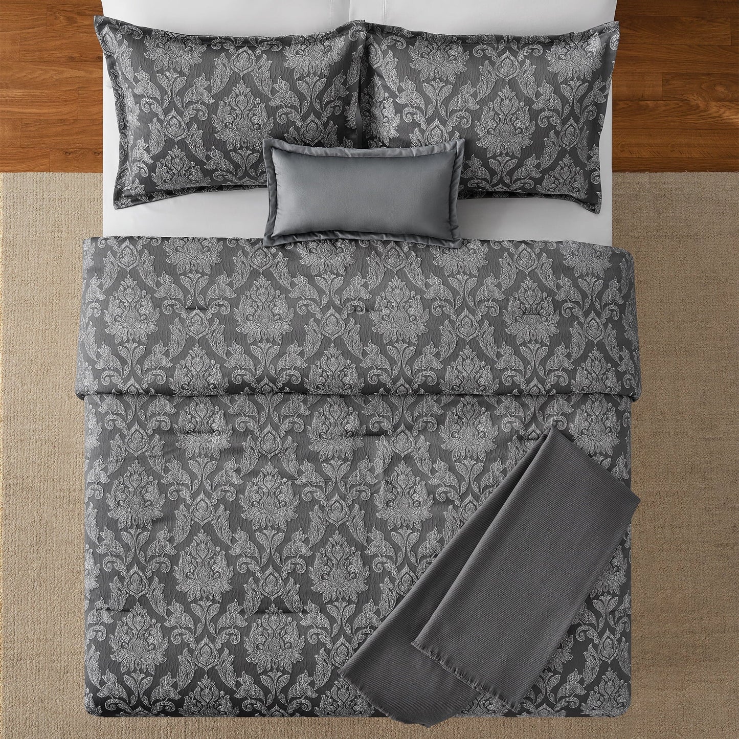 All-Season Full/Queen Comforter Set, All-Season, 5-Piece, Grey Jacquard Damask - All-Season Down Alternative Comforter Insert Detail