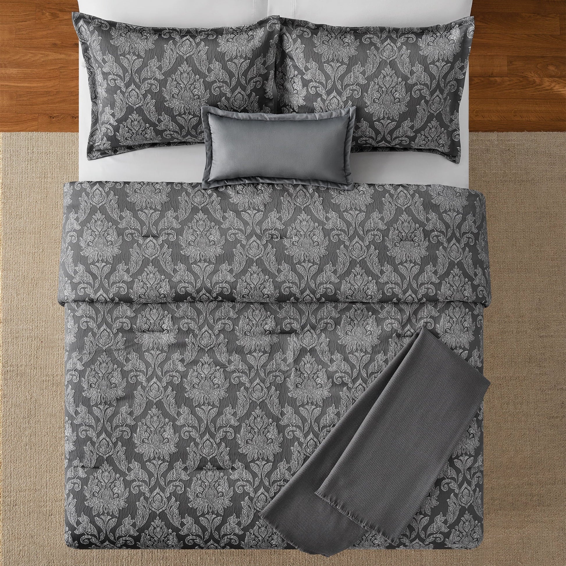 All-Season Full/Queen Comforter Set, All-Season, 5-Piece, Grey Jacquard Damask - All-Season Down Alternative Comforter Insert Detail