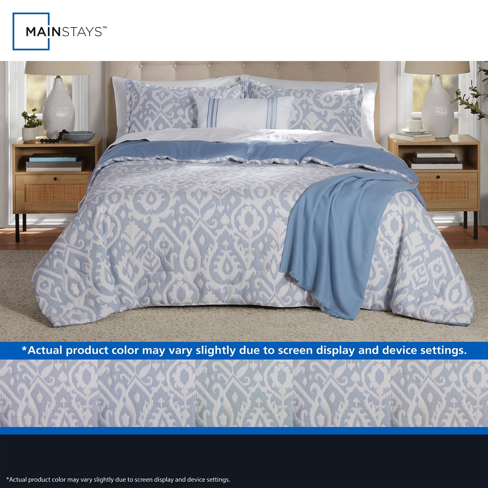 All-Season Full/Queen Comforter Set, All-Season, 5-Piece, Blue Matelasse Ikat - Luxurious Quilted Duvet Cover Set Detail