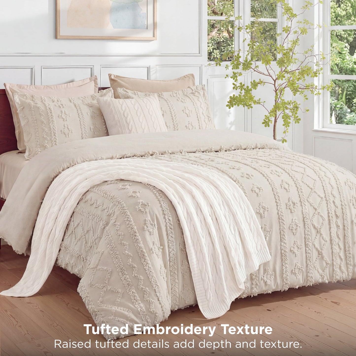 Hypoallergenic Cloud Tufted Boho Comforter Set Queen, Beige, 3 Pieces Farmhouse Shabby Chic Embroidery Bedding Set, Soft Jacquard Comforte... - Luxurious Quilted Duvet Cover Set Detail