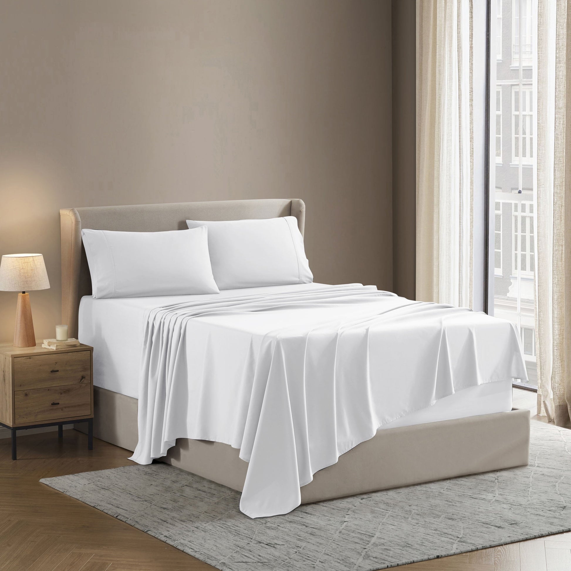 Cooling Sateen Set, Hotel Style Deep Pocket 4 Piece Bed , Luxury Soft Microfiber Sheet Sets, White - Luxury Bed Sheet Set with Deep Pockets Detail
