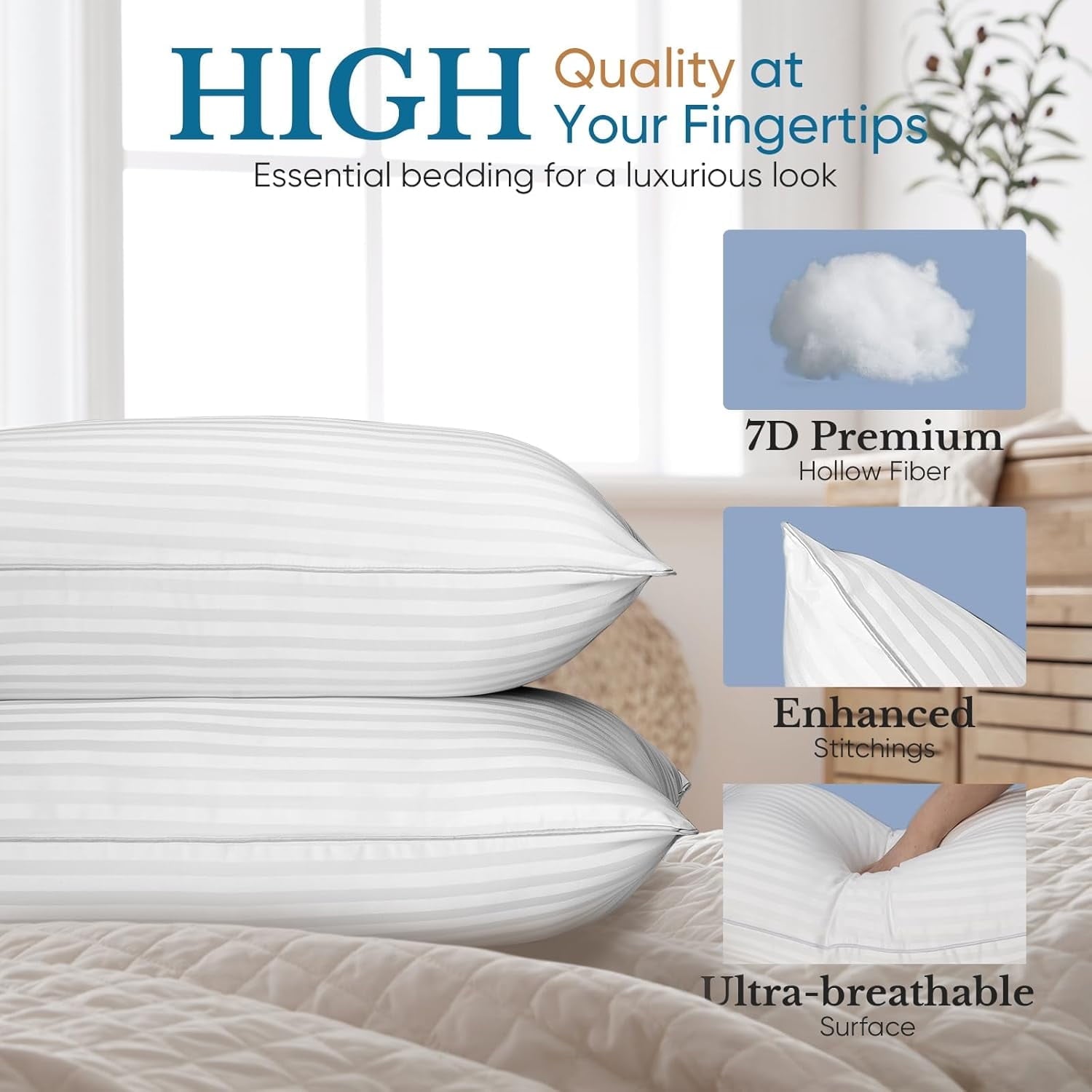 Decorative Plump Pillow for Beds 2 Pack Queen Size Pillows Set of 2 Hypoallergenic Hotel Down Alternative Pillow for Side and Back Sle... - Hotel Quality Plush Sleeping Pillows Detail
