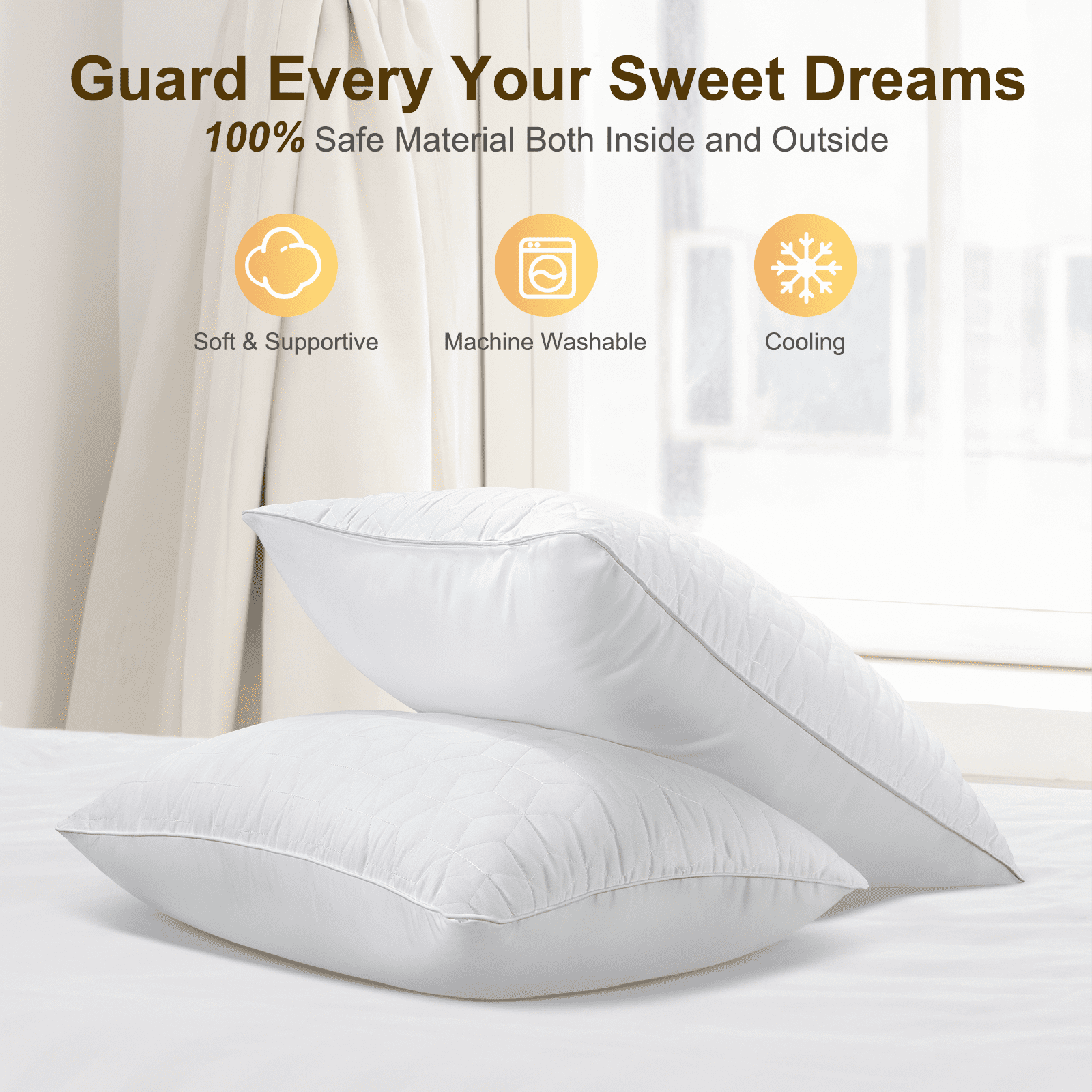 Decorative Plump Bed Pillows Queen Size Set of 2, Hotel Gusseted Pillows for Sleeping, Alternative to Down Pillows, Soft Supportive & ... - Hotel Quality Plush Sleeping Pillows Detail