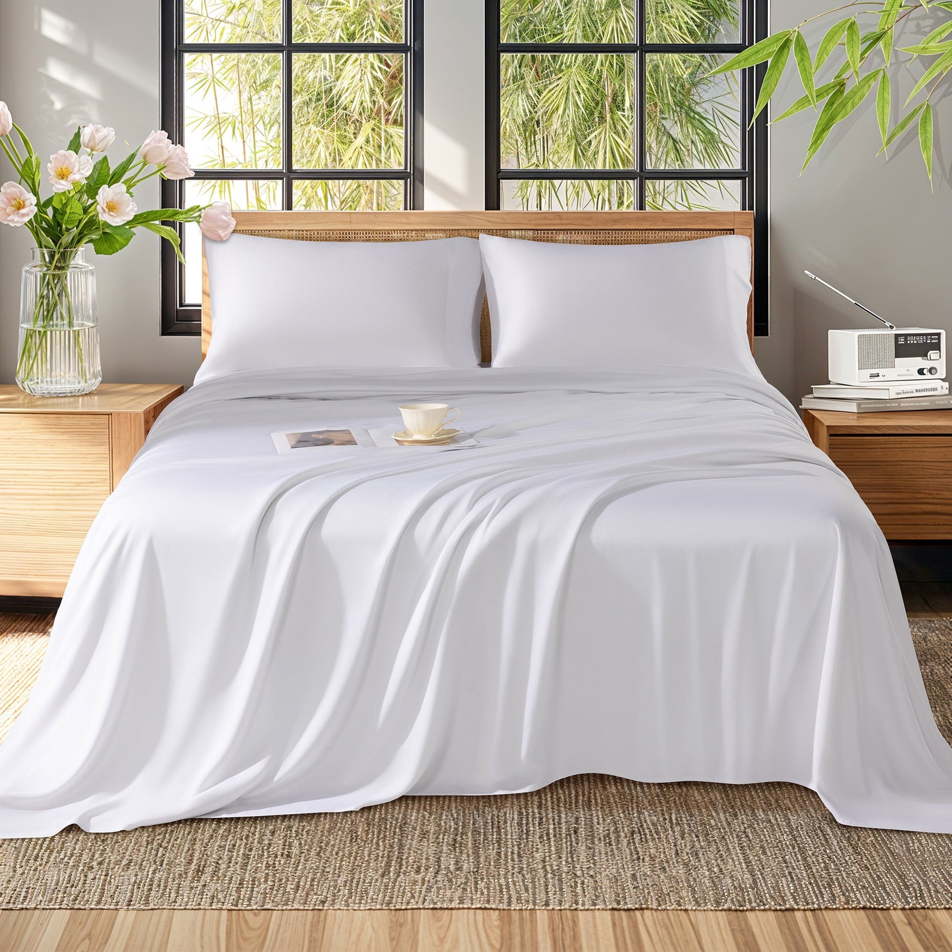 Wrinkle-Resistant Bamboo Sheets Set, 4-Piece Queen Sheet Set with 16" Deep Pockets, Soft and Breathable Bed Sheets, White - Premium Ultra-Soft Pillowcase Pair for Sleeping Detail