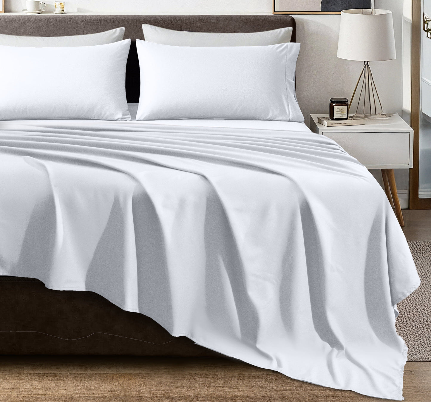 Cooling Sateen Queen Size Bed Sheet Set in Bright White – 4 Piece Microfiber Sheets, Ultra-Soft, Deep Pocket, Wrinkle-Resistant, Eas... - Luxury Bed Sheet Set with Deep Pockets Detail