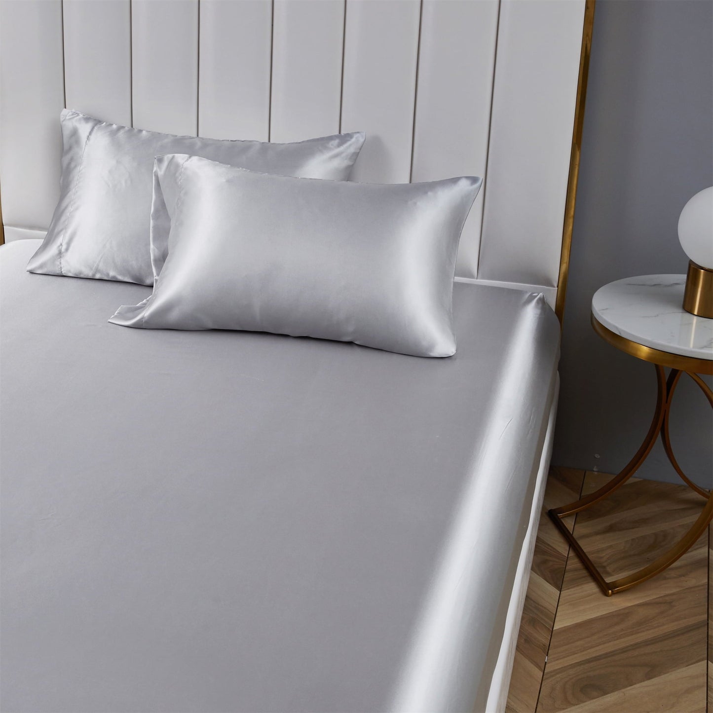 Premium Egyptian Cotton Satin Fitted Sheet King Size 14 Inch Deep Pocket Bed Sheet Silk Sheet Ultra Soft Machine Washable, Light Gray - Cooling Hotel Quality Bedding Sheets and Pillowcases Detail