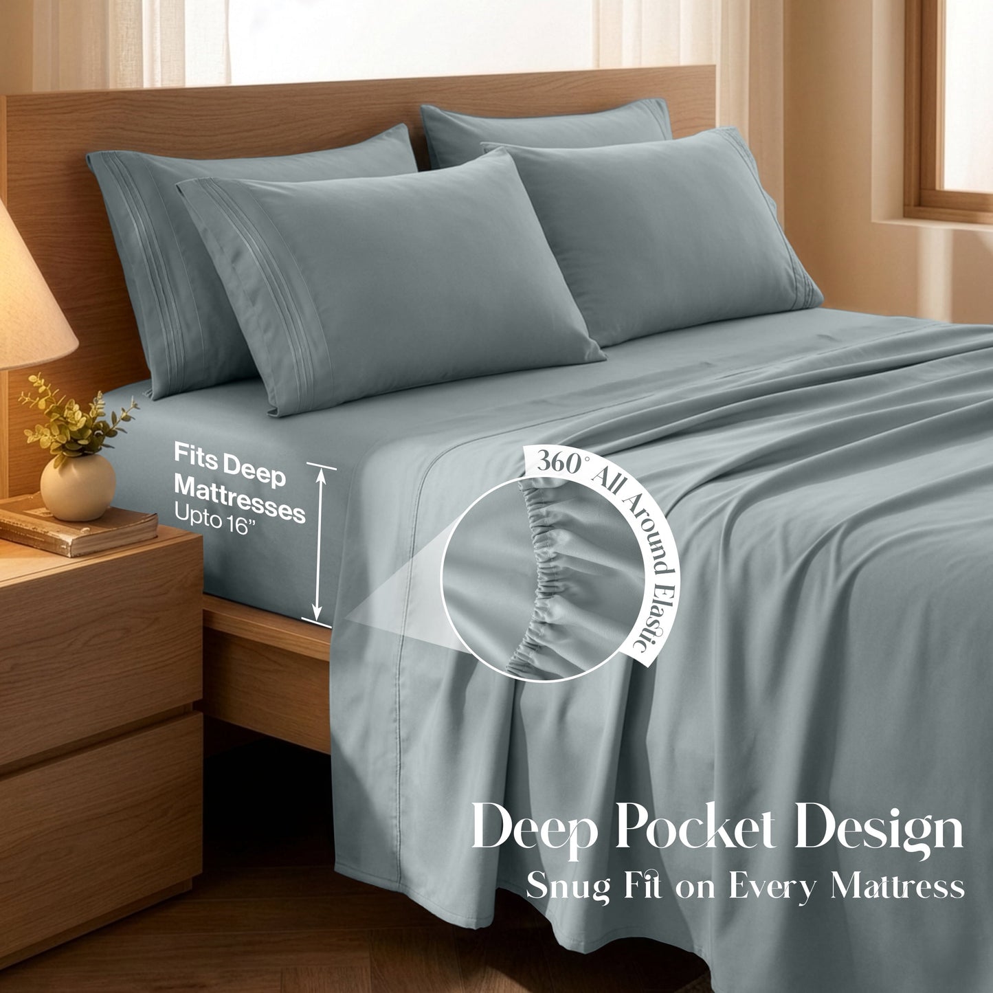Ultra-Soft Bed Sheets - 6 Piece Ultra-Soft Microfiber Sheets Set, Deep Pocket Fitted Sheet, Flat Sheet & 4 Pillowcases, Breathab... - Luxury Bed Sheet Set with Deep Pockets Detail