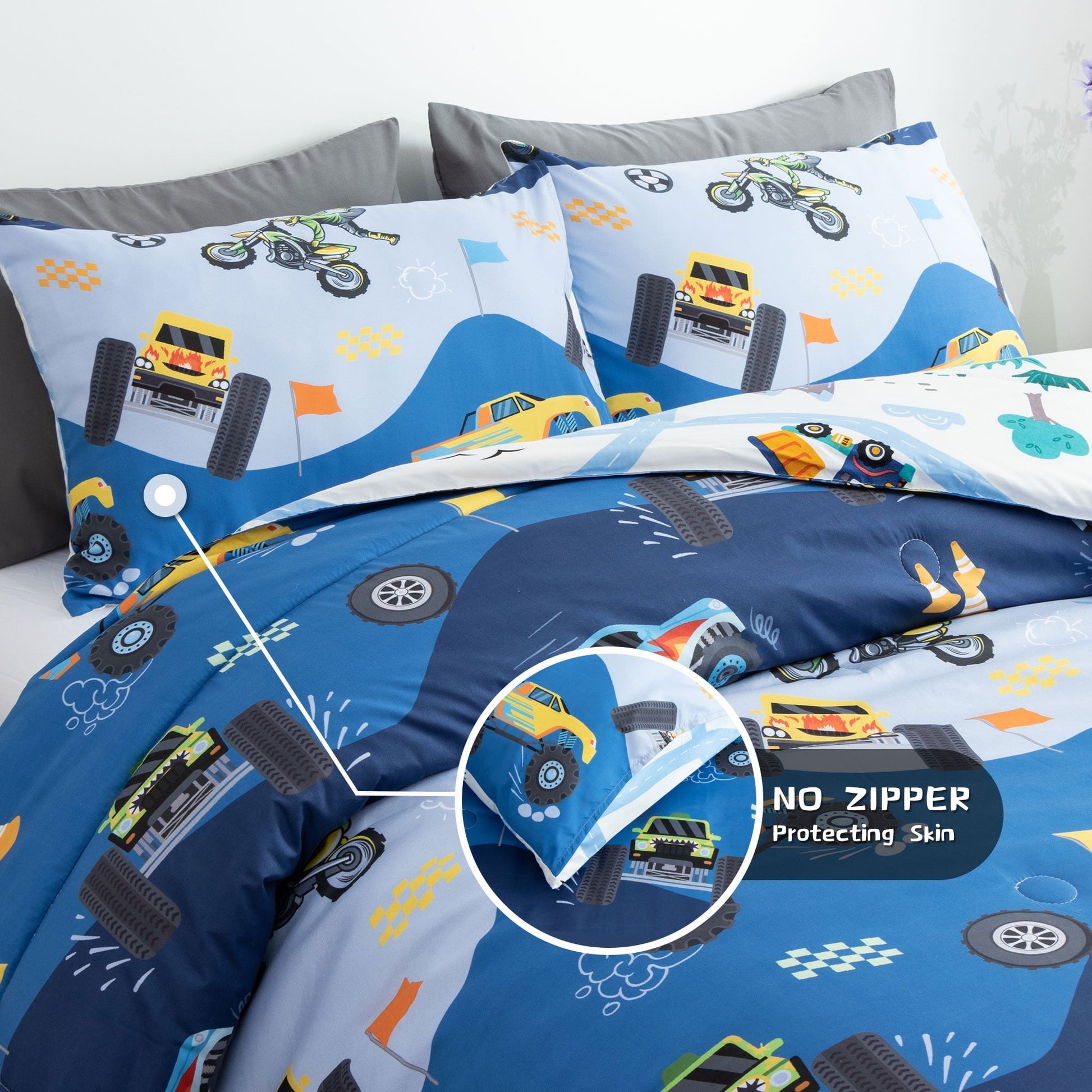 Heavyweight Warmth 3Pcs Reversible Construction Truck Twin Comforter Set for Boys Kids Excavator Vehicle Motorcycle Bedding Set Blue - Hypoallergenic Ultra-Fluffy Quilt for Winter Detail