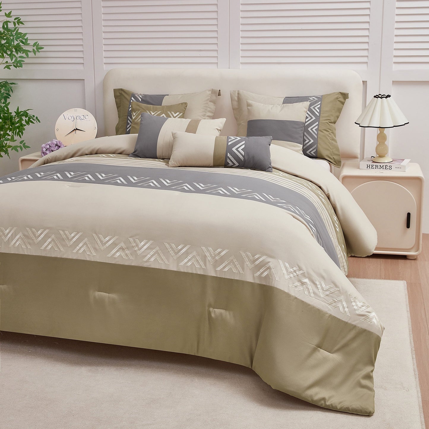All-Season 7 Piece Embroidery Design Bed-in-a-Bag, Taupe Queen Size Ultra Soft Comforter Set for Adults - Cloud-Like Soft Lightweight Bed Comforter Detail